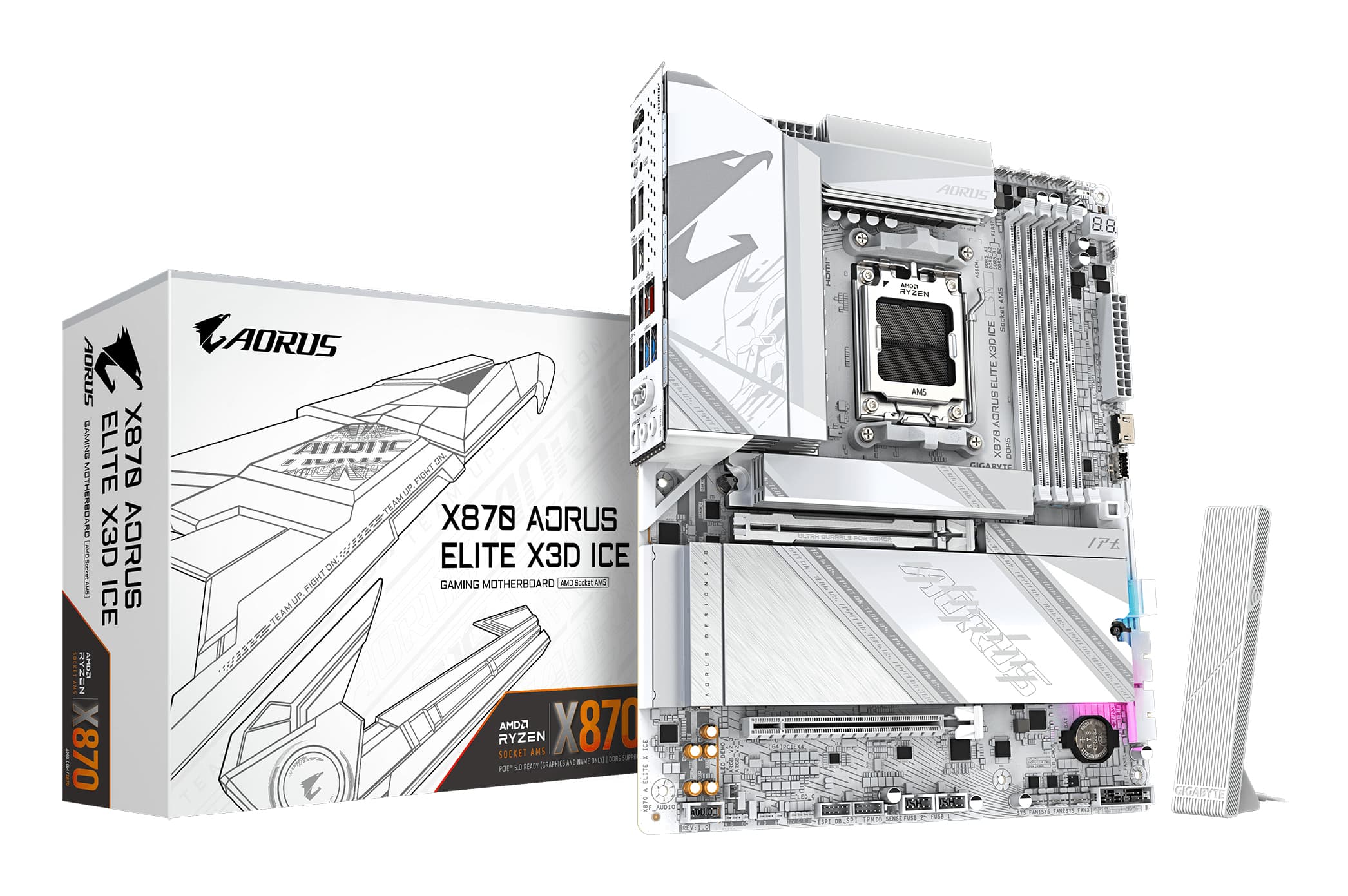 GIGABYTE X870 AORUS ELITE X3D ICE Carte Mère - Compatible avec processeurs AMD Ryzen 9000, VRM numérique 16+2+2 phases, jusqu’à 9000Hz DDR5 (OC), 2xPCIe 5.0 + 2xPCIe 4.0, Wi-Fi 7, LAN 2.5GbE, USB 4