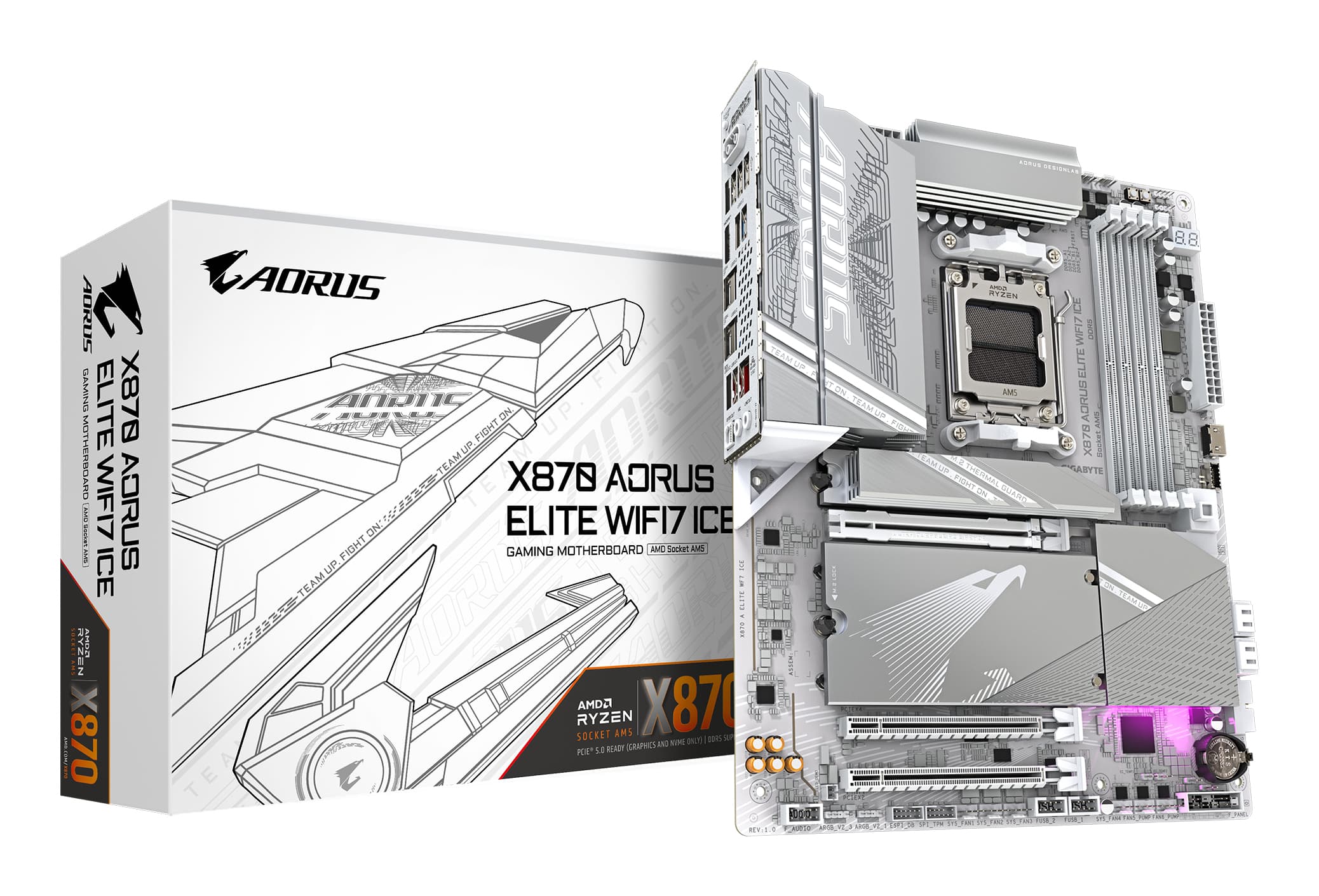 GIGABYTE X870 AORUS ELITE WIFI7 ICE Carte Mère - Prend en charge les processeurs AMD Ryzen 9000, 16+2+2 phases VRM numérique, jusqu'à 8200MHz DDR5 (OC), 3xPCIe 5.0 + 1xPCIe 4.0, Wi-Fi 7, LAN 2,5GbE, USB 4
