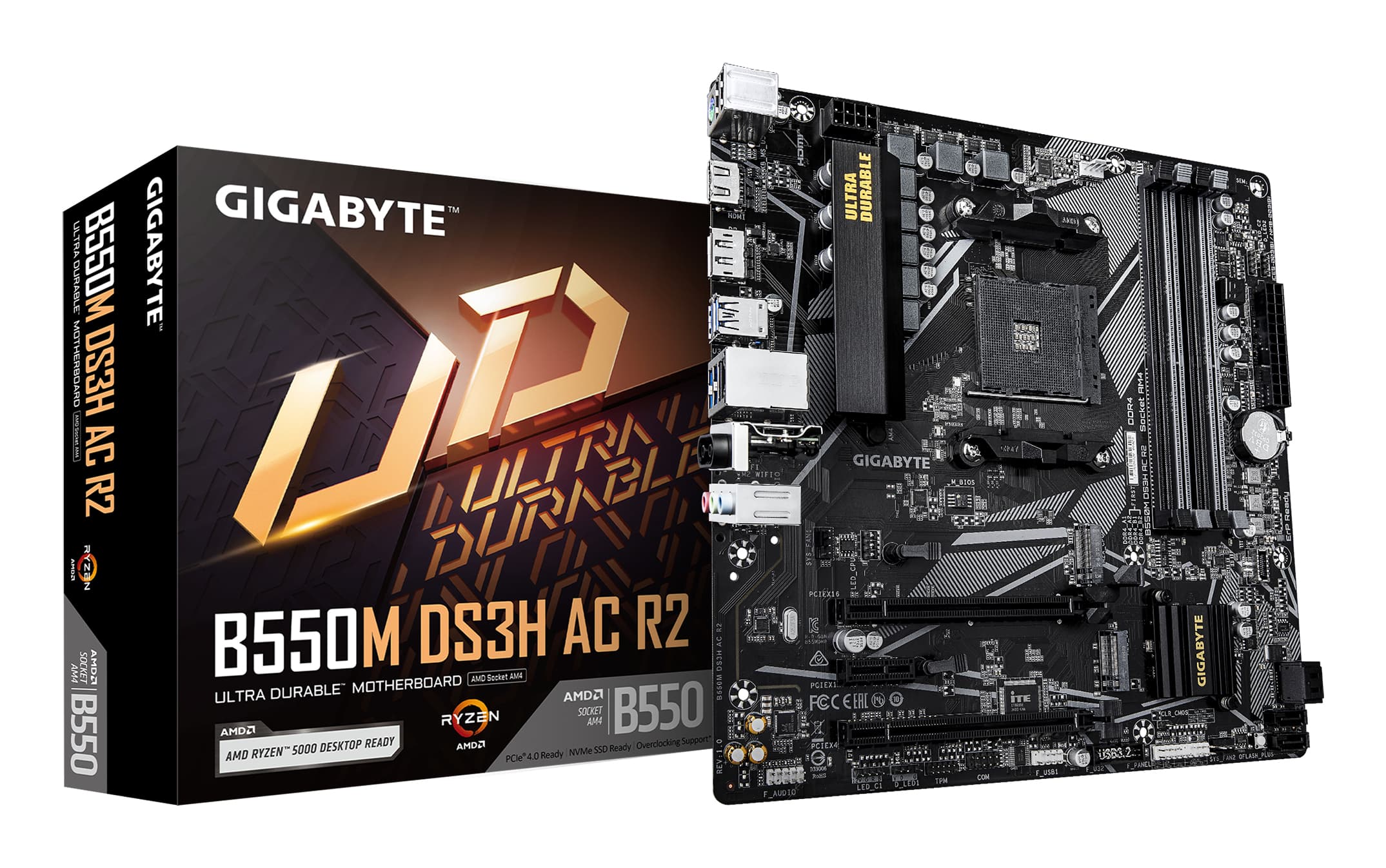 GIGABYTE B550M DS3H AC R2 Carte mère - Processeurs AMD Ryzen 5000, VRM 5+3 phases, jusqu'à 4733 MHz DDR4 (O.C.), 1x M.2 PCIe 4.0 + 1x M.2 PCIe 3.0, Wi-Fi 5, LAN 1 GbE, USB 3.2 Gen 1