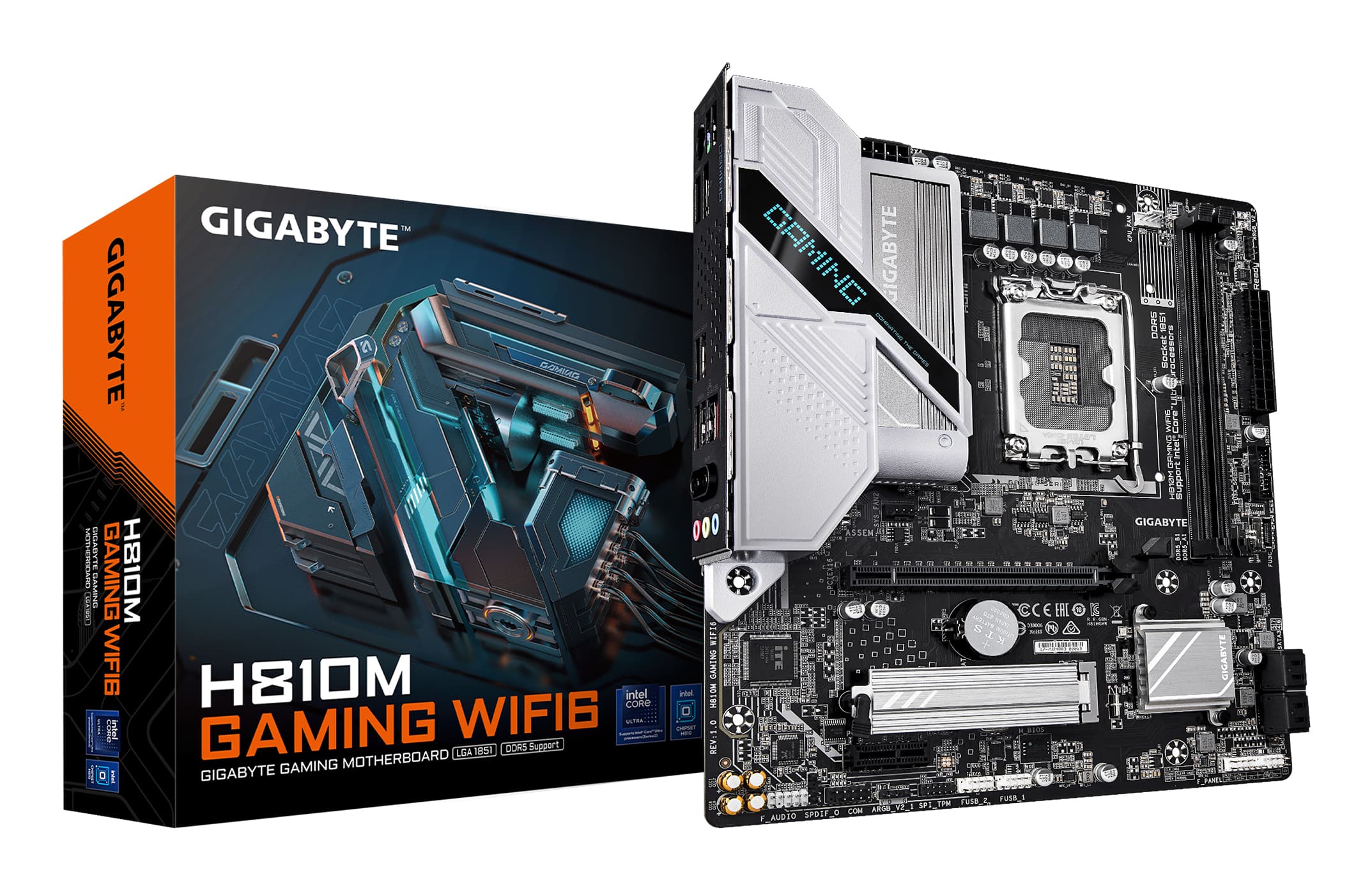 GIGABYTE H810M GAMING WIFI6 Carte mère - Processeurs Intel Core Ultra (Série 2), VRM 4+1+2 phases, jusqu'à 6400 MHz DDR5, 1xPCIe 4.0 M.2, LAN 2.5GbE, WIFI 6, USB 3.2 Gen 1