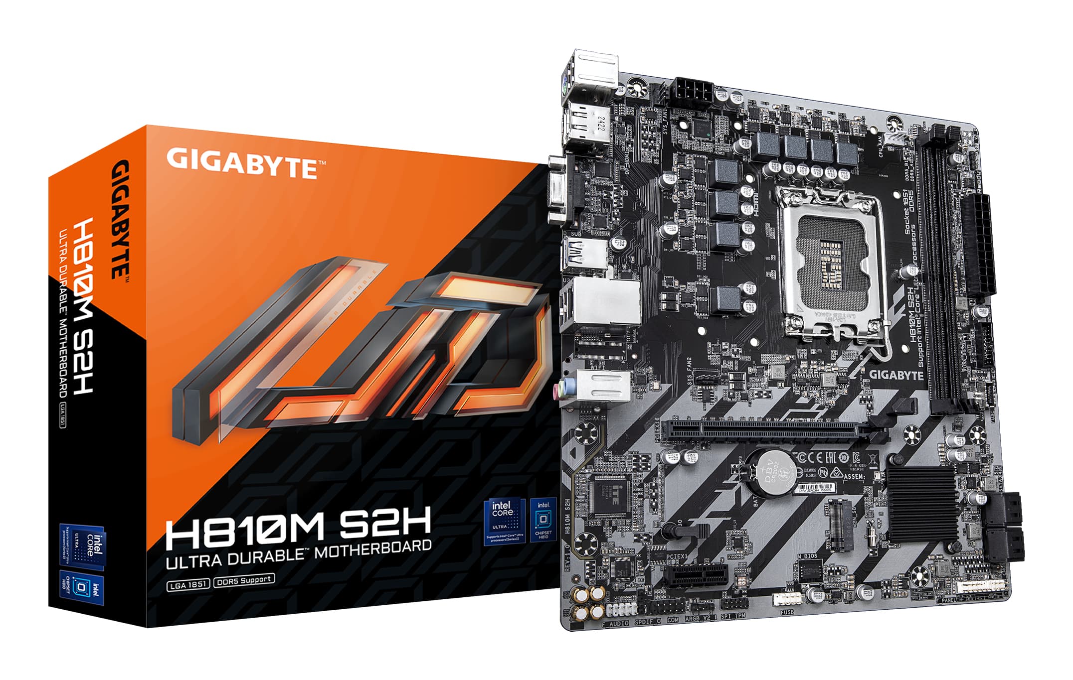 GIGABYTE H810M S2H Carte mère - Processeurs Intel Core Ultra (Série 2), VRM 4+1+2 phases, jusqu'à 6400 MHz DDR5, 1xPCIe 4.0 M.2, LAN 1GbE, USB 3.2 Gen 1