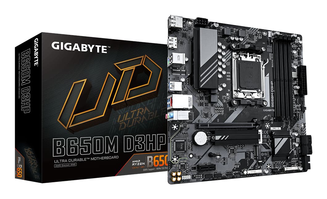 GIGABYTE B650M D3HP Carte mère - AMD Ryzen série 9000, VRM 5+2+2 phases, jusqu'à 7600 MHz DDR5 (OC), 2xPCIe 4.0 M.2, LAN 2,5 GbE, USB 3.2 Gen 1
