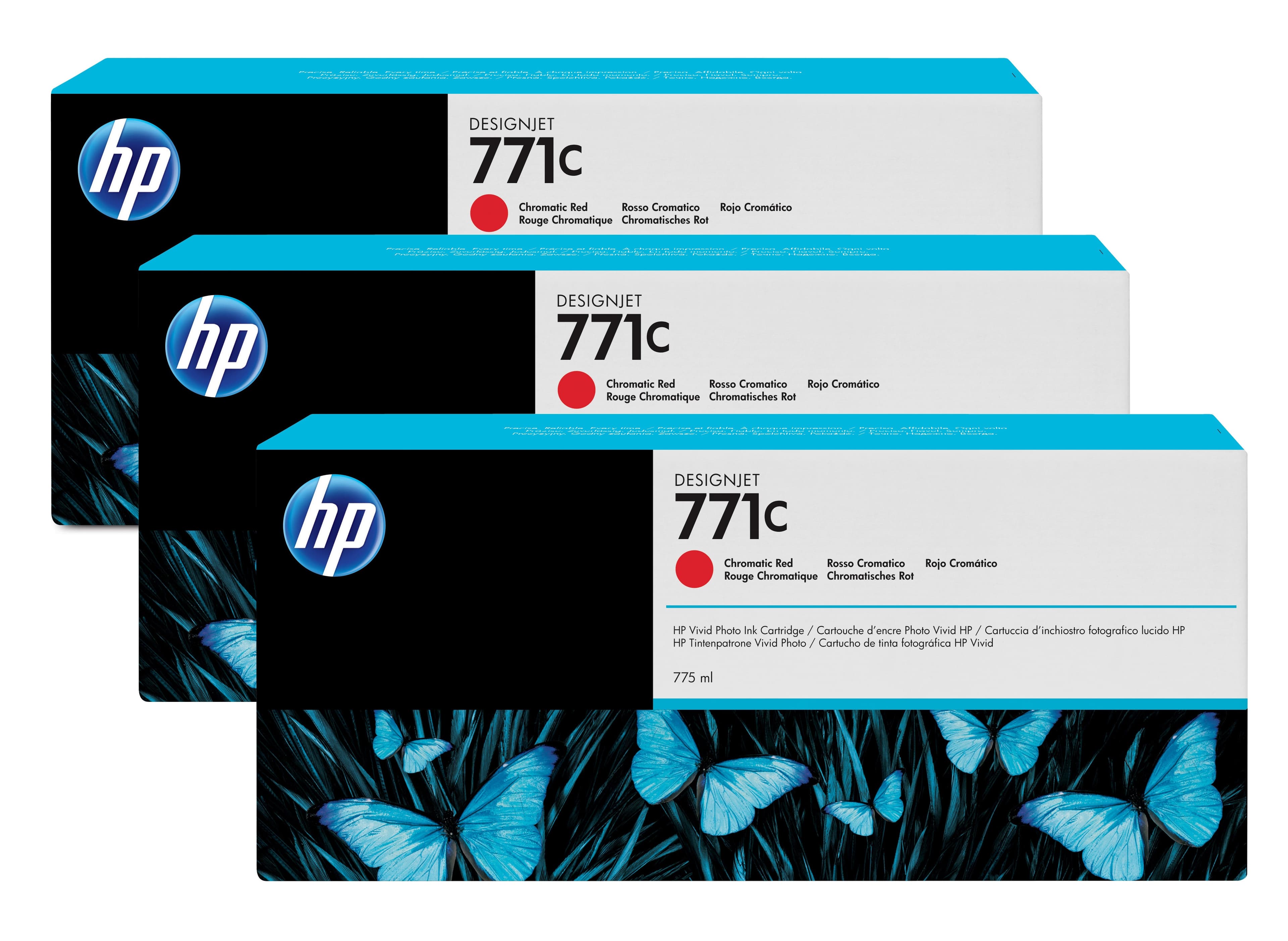 HP 771C pack de 3 cartouches d'encre DesignJet rouge chromatique, 775 ml