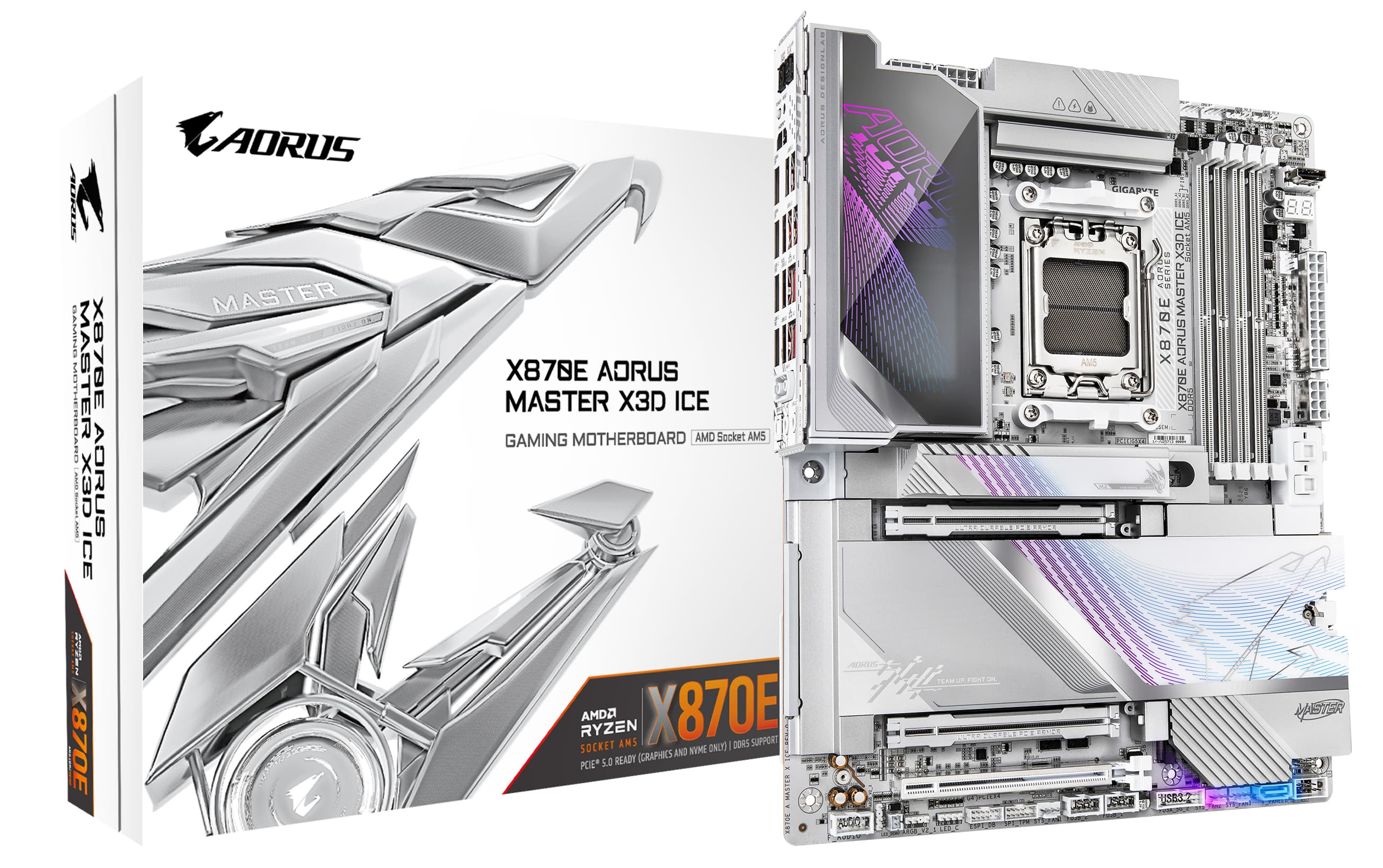 GIGABYTE X870E AORUS MASTER X3D ICE Carte Mère – Prend en charge les processeurs AMD Ryzen 9000, VRM numérique 18+2+2 phases, jusqu’à 9000 Hz DDR5 (OC), 2 x PCIe 5.0 + 3 x PCIe 4.0, Wi-Fi 7, LAN 10 GbE, USB 4