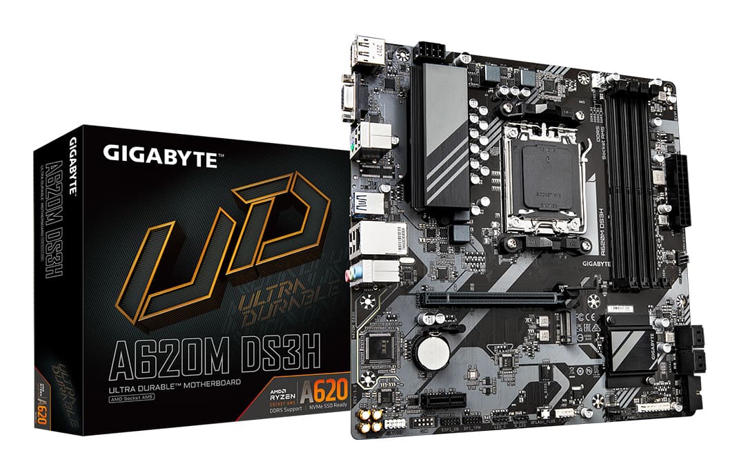 GIGABYTE A620M DS3H Carte Mère - Prend en charge les processeurs AMD Ryzen 8000, VRM numérique 5+2+2 phases, jusqu'à 7600MHz DDR5 (OC), 1xPCIe 4.0 M.2, LAN GbE, USB 3.2 Gen 1