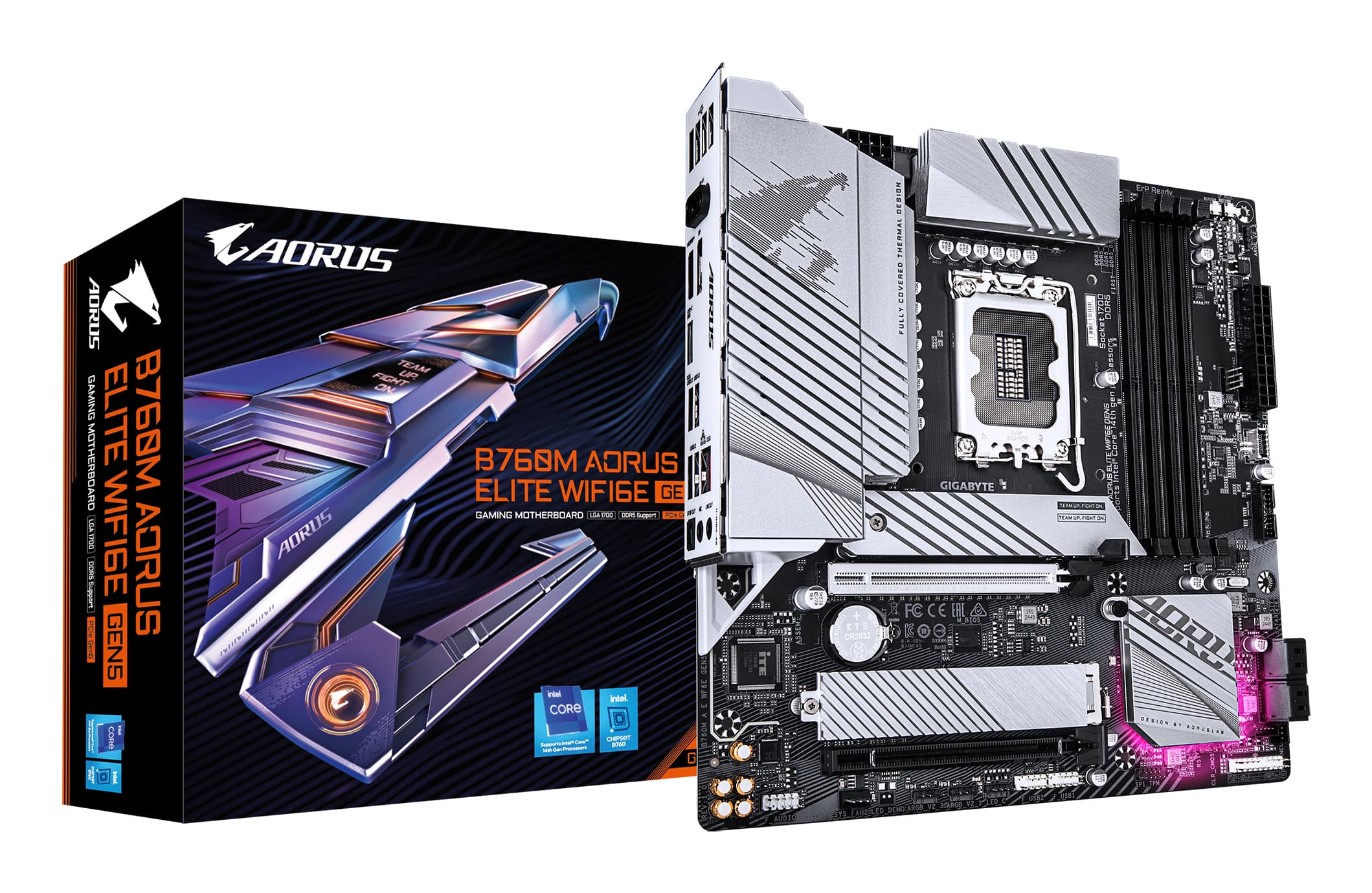 GIGABYTE B760M AORUS ELITE WIFI6E GEN5 Carte Mère – Compatible avec les processeurs Intel Core 14e génération, VRM numérique 12+1+1 phases, jusqu’à 5600 MHz DDR5, 2 x M.2 PCIe 4.0, Wi-Fi 6E, LAN 2.5 GbE, USB 3.2 Gen 2x2