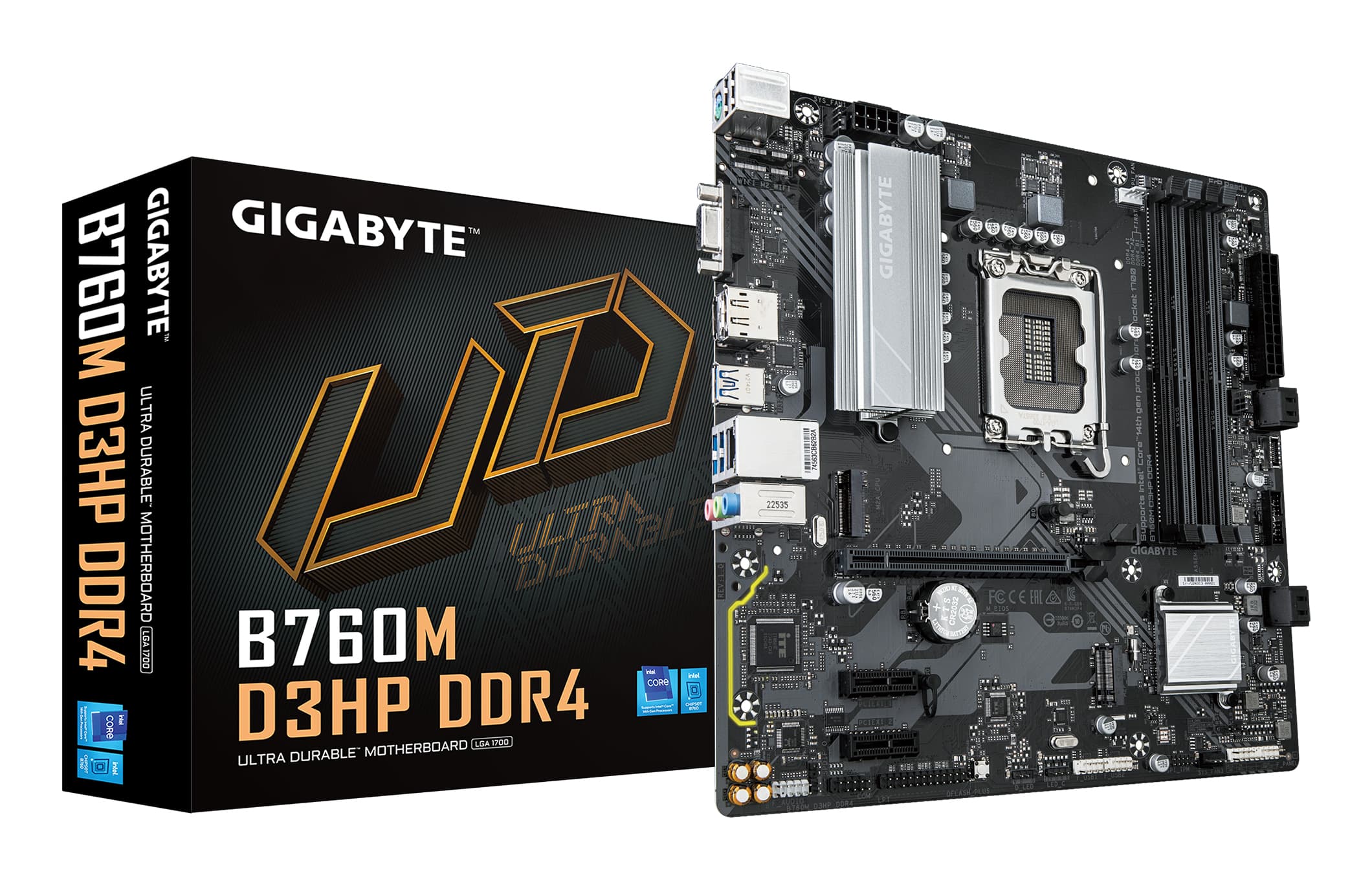 GIGABYTE B760M D3HP DDR4 Carte Mère - Prend en charge les processeurs Intel Core de 14e génération, VRM numérique 4+1+1 phases, jusqu'à 5333MHz DDR4 (OC), 2xPCIe 4.0 M.2, LAN GbE, USB 3.2 Gen1