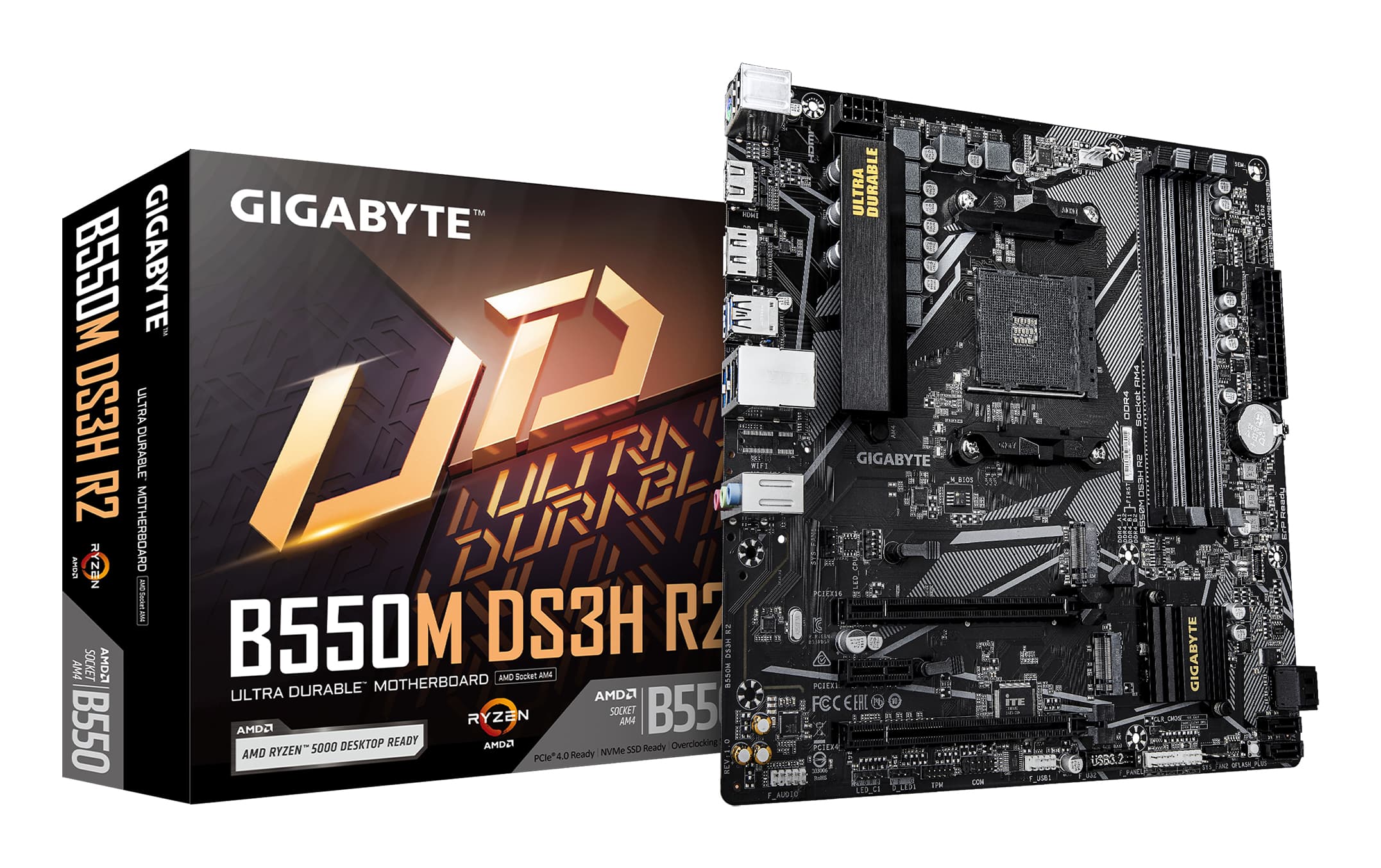 GIGABYTE B550M DS3H R2 Carte mère - Processeurs AMD Ryzen 5000, VRM 5+3 phases, jusqu'à 4733 MHz DDR4 (O.C.), 1x M.2 PCIe 4.0 + 1x M.2 PCIe 3.0, LAN 1 GbE, USB 3.2 Gen 1