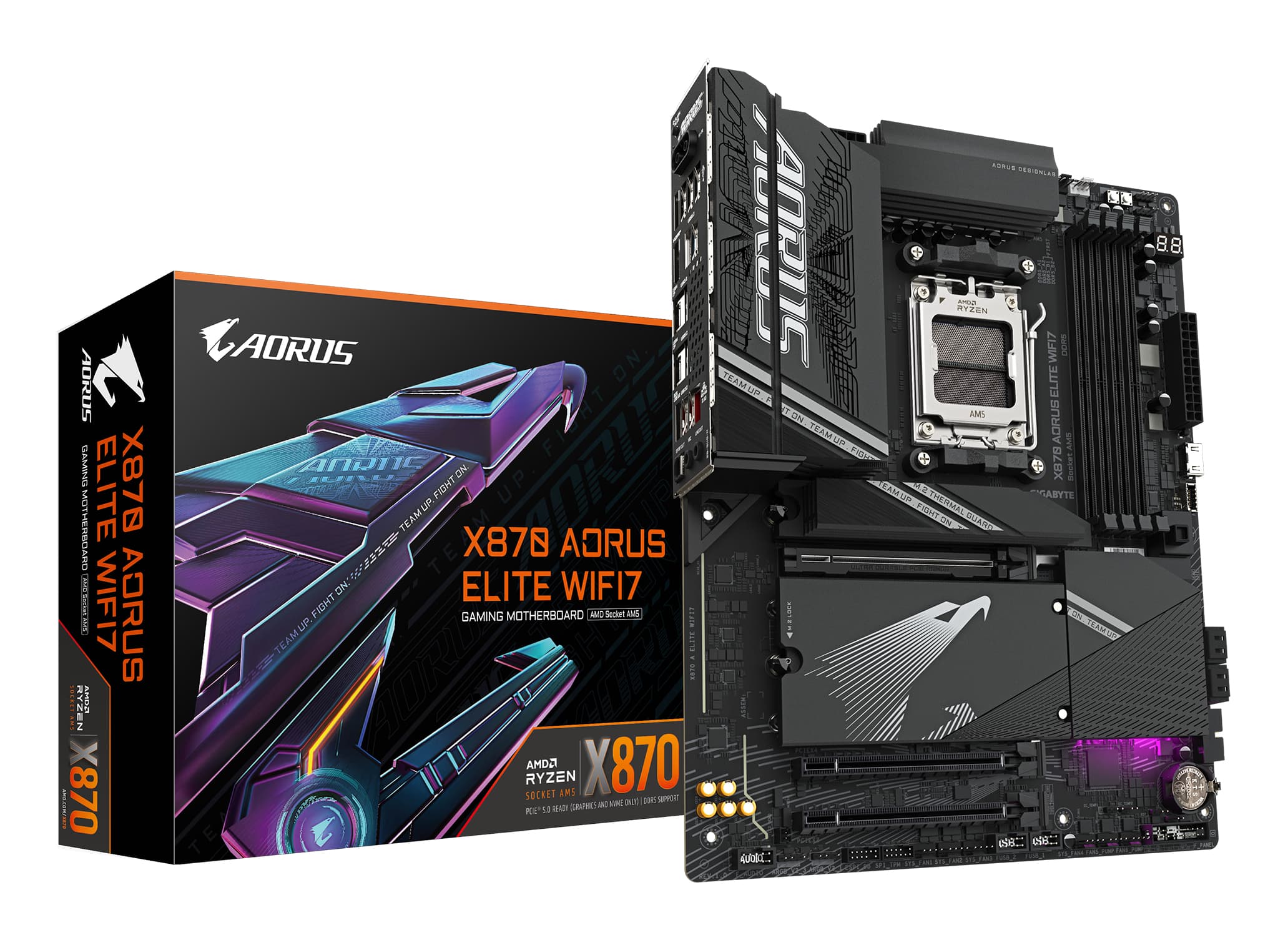 GIGABYTE X870 AORUS ELITE WIFI7 Carte Mère - Prend en charge les processeurs AMD Ryzen 9000, 16+2+2 phases VRM, jusqu'à 8000MHz DDR5 (OC), 3xPCIe 5.0 + 1xPCIe 4.0, Wi-Fi 7, LAN 2,5GbE, USB 4