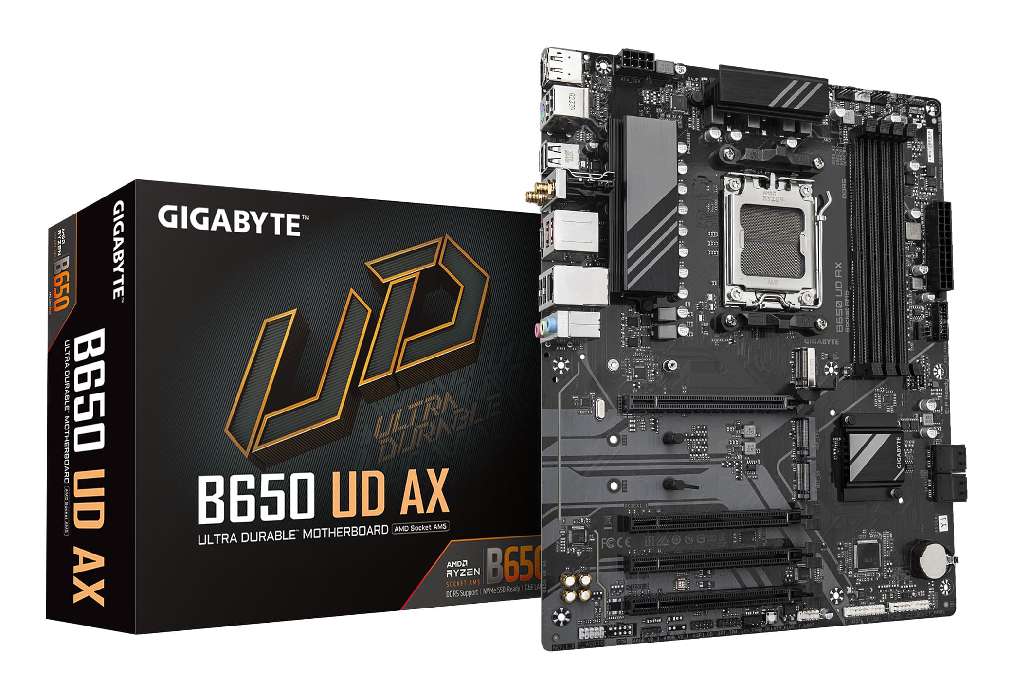 GIGABYTE B650 UD AX Carte Mère - Prend en charge les processeurs AMD Ryzen Série 9000, VRM 6+2+2 phases, jusqu'à 7600MHz DDR5 (OC), 1x PCIe 5.0 + 2x PCIe 4.0 M.2, LAN GbE, Wi-Fi 6, USB 3.2 Gen 2