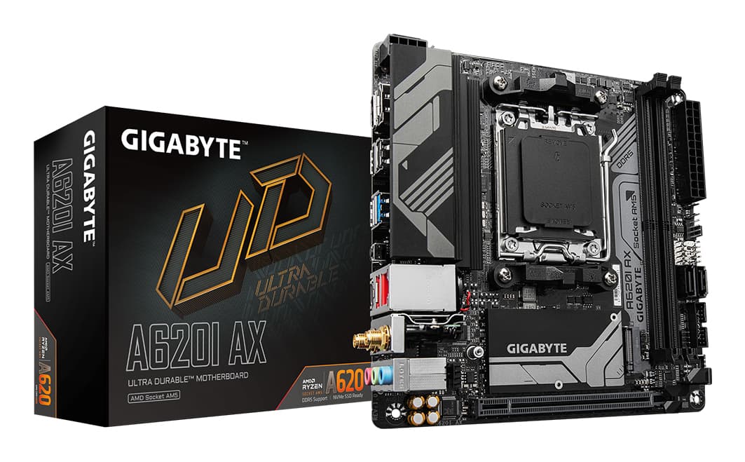 GIGABYTE A620I AX Carte Mère - Prend en charge les processeurs AMD Ryzen 8000, VRM numérique 5+2+1 phases, jusqu'à 6400MHz DDR5 (OC), 1xPCIe 4.0 M.2, Wi-Fi 6E, LAN 2.5GbE, USB 3.2 Gen 2