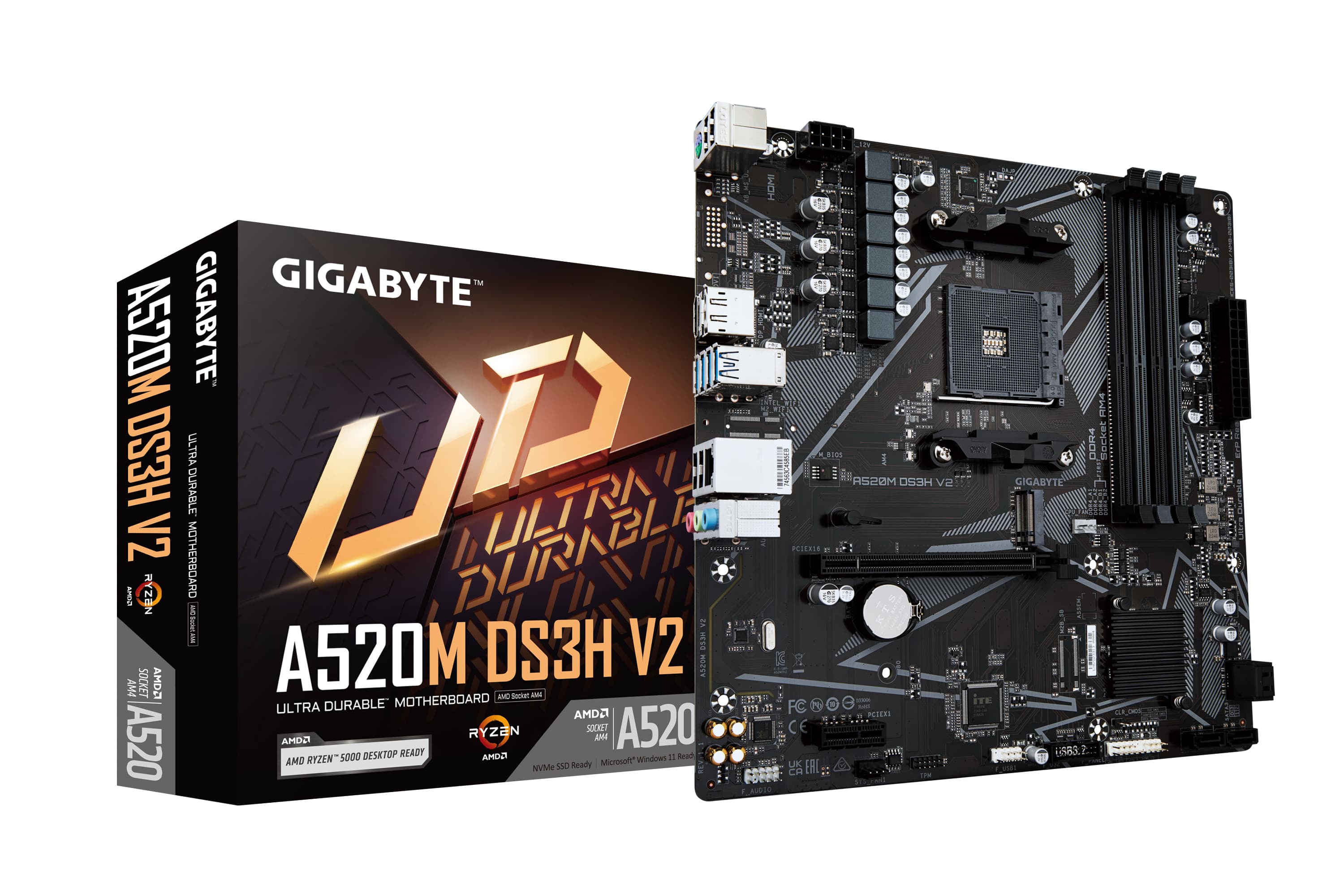 GIGABYTE Carte mère A520M DS3H V2 - Prend en charge les processeurs AMD Ryzen série 5000 AM4, jusqu'à 4733 MHz DDR4 (OC), PCIe 3.0 x16, LAN GbE, USB 3.2 Gen 1
