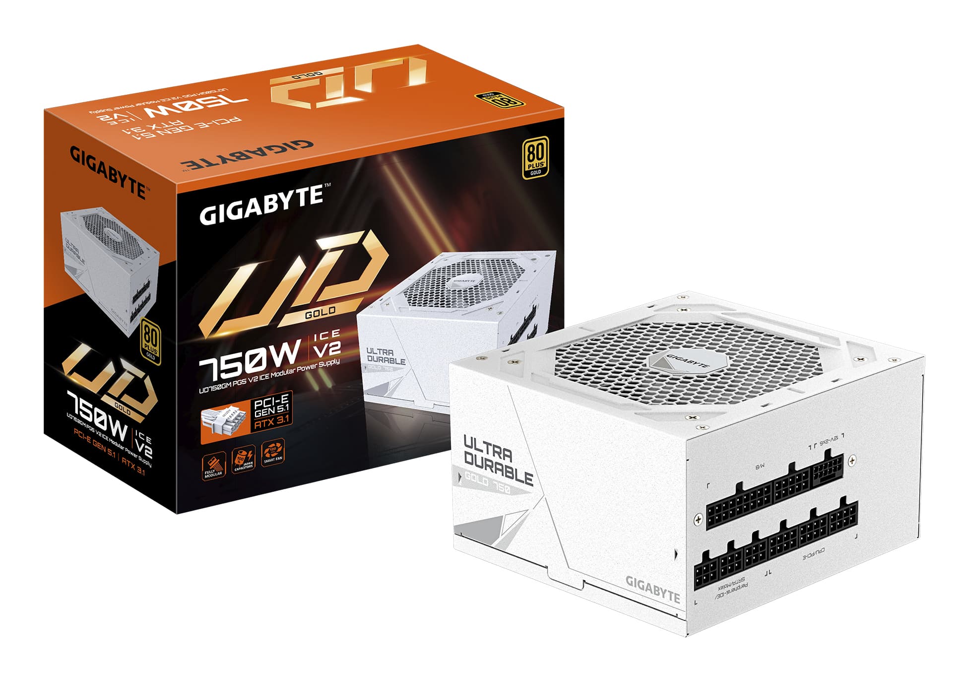 GIGABYTE UD750GM PG5 V2 ICE Bloc d’Alimentation – PCIe Gen 5.1, 80 PLUS Gold, Conception entièrement modulaire, Ventilateur 120 mm, Compatible ATX 3.1, Prise EU