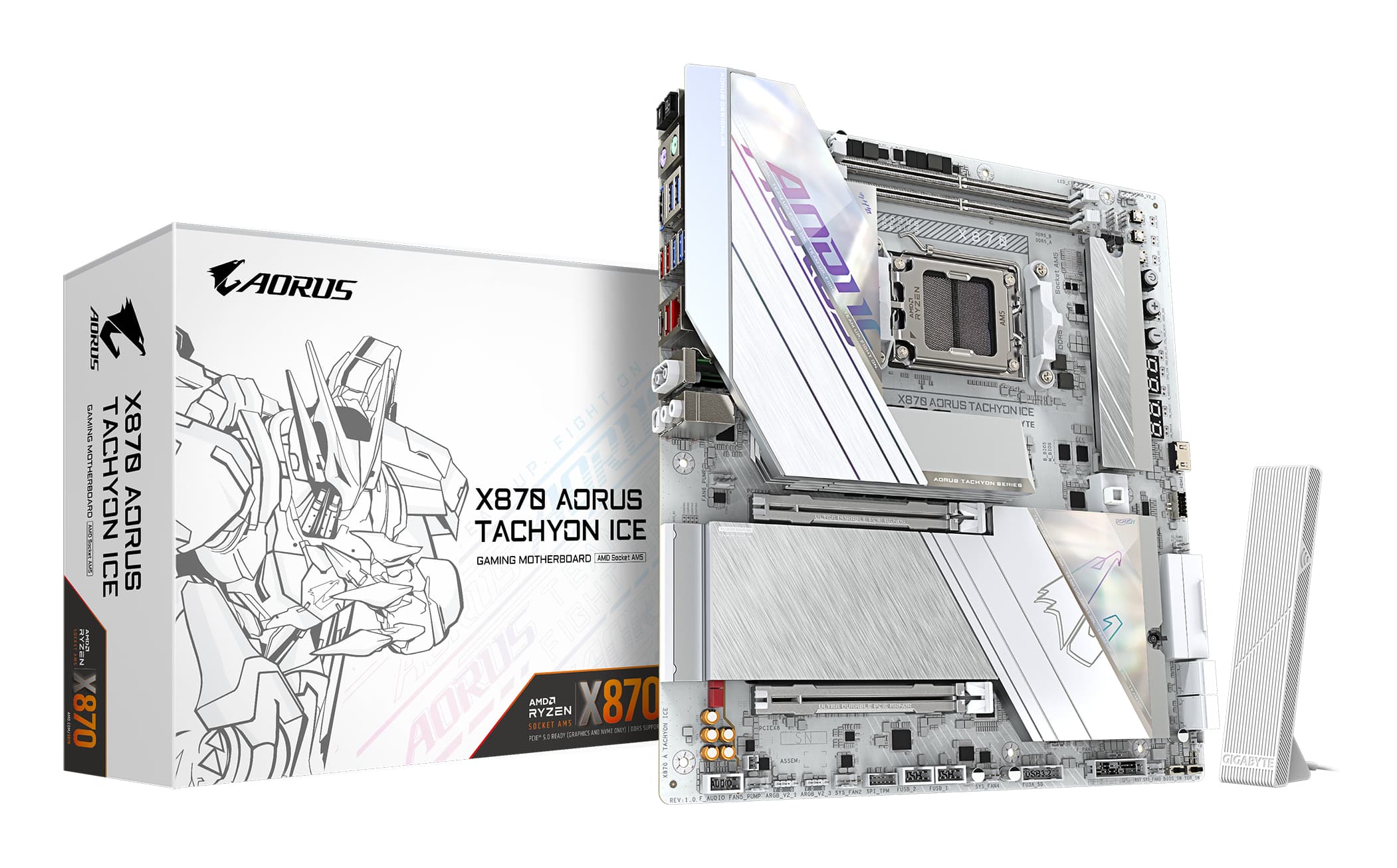GIGABYTE X870 AORUS TACHYON ICE Carte Mère – Compatible avec les processeurs AMD Ryzen 9000, VRM numérique 18+2+2 phases, jusqu'à 9600 MHz DDR5 (OC), 1 x PCIe 5.0 + 2 x PCIe 4.0, Wi-Fi 7, LAN 5 GbE, USB 4