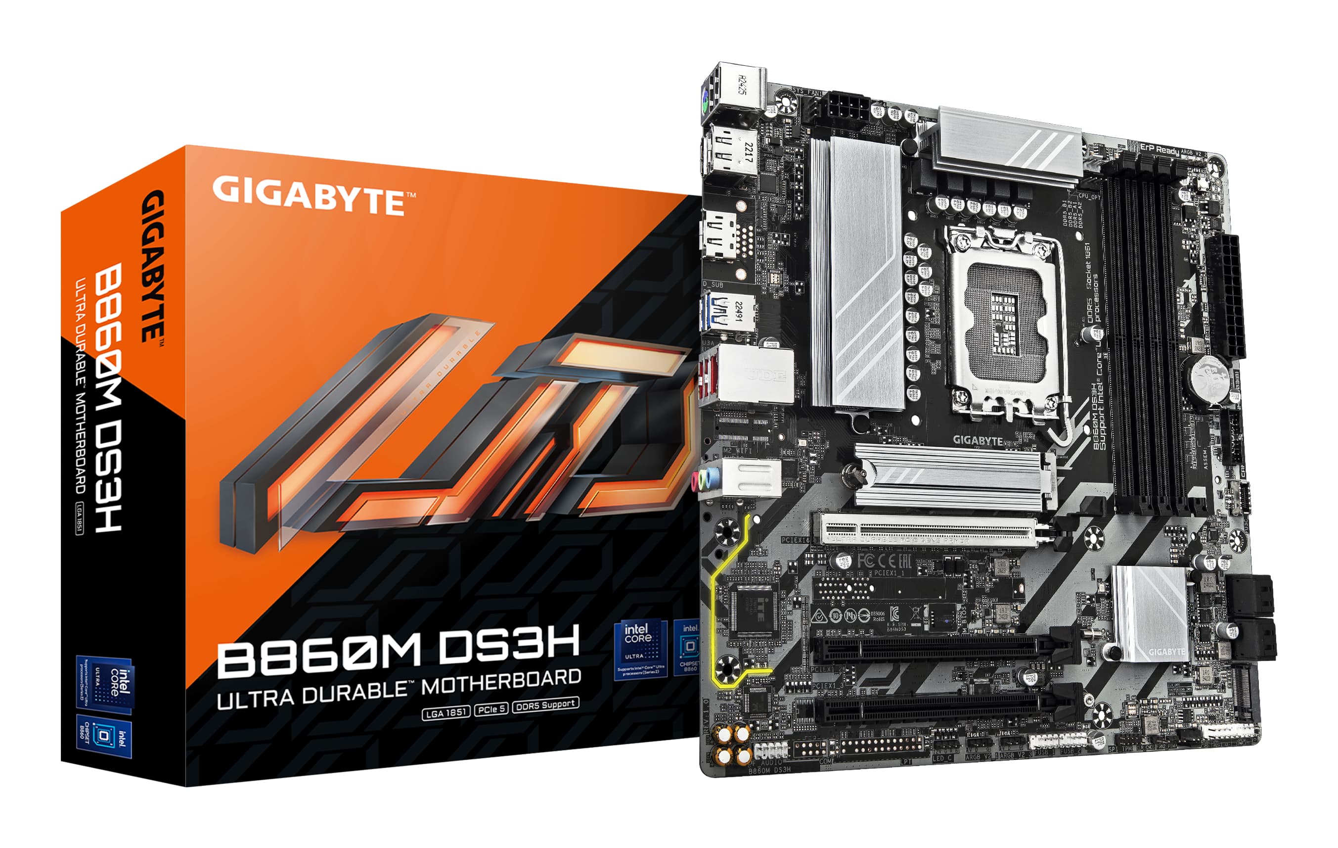 GIGABYTE B860M DS3H Carte mère - Processeurs Intel Core Ultra, VRM 5+1+2+1 phases, jusqu'à 9066MHz DDR5, 1xPCIe 5.0 + 1xPCIe 4.0 M.2, LAN 2,5 GbE, USB 3.2 Gen 2