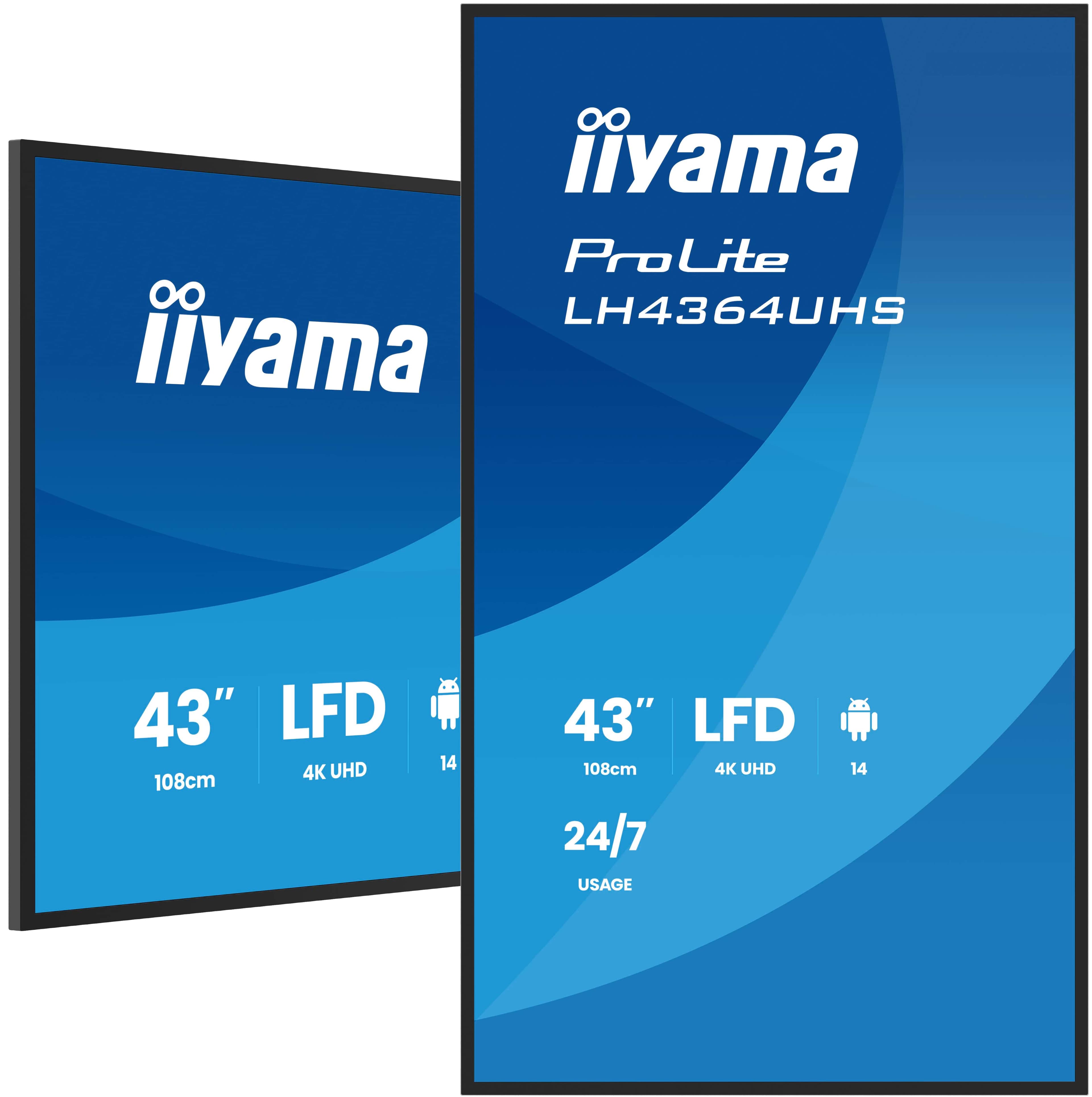 iiyama LH4364UHS-B1AG Écran d'affichage dynamique Écran plat de signalisation numérique 109,2 cm (43") LED Wifi 500 cd/m² 4K Ultra HD Noir Intégré dans le processeur Android 24/7