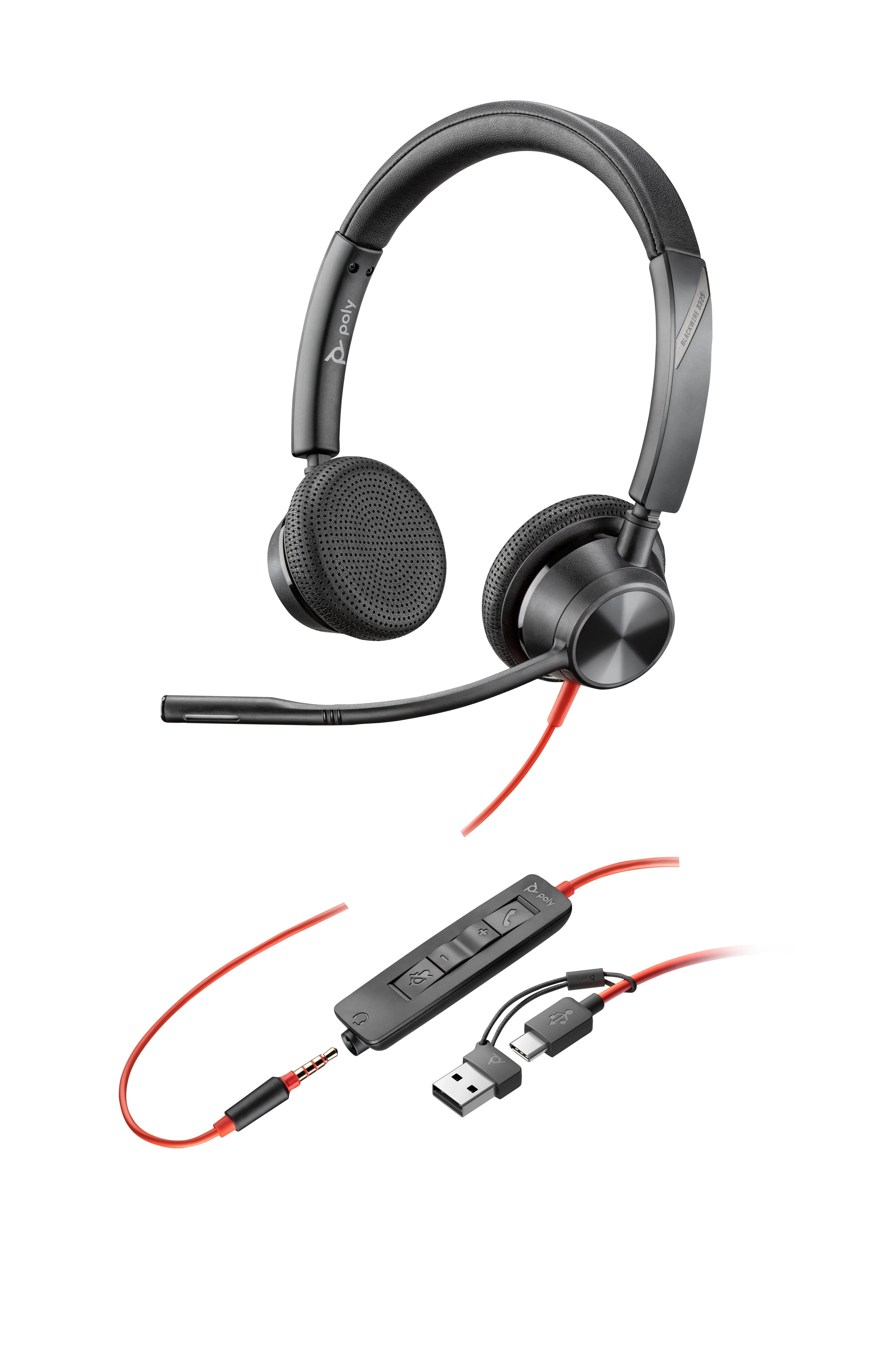 HP Poly Micro-casque Poly Blackwire 3325 stéréo USB-C + connexion 3,5 mm + adaptateur USB-C/A