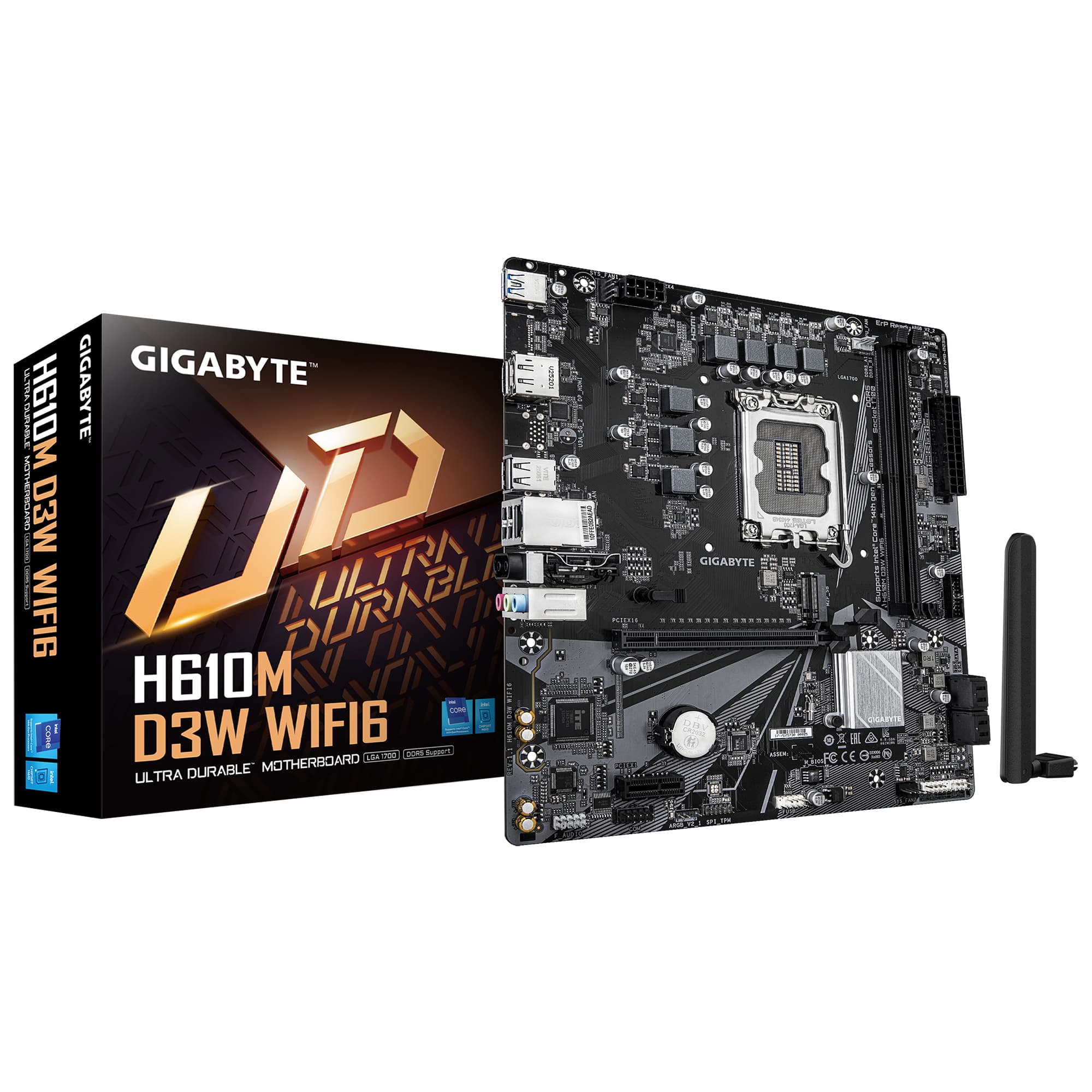 GIGABYTE H610M D3W WIFI6 Carte Mère - Prend en charge les processeurs Intel Core 14e génération, VRM 5+1+1 phases, jusqu’à 5600MHz DDR4, 1xPCIe 3.0 M.2, Wi-Fi 6, LAN 1GbE, USB 3.2 Gen 1