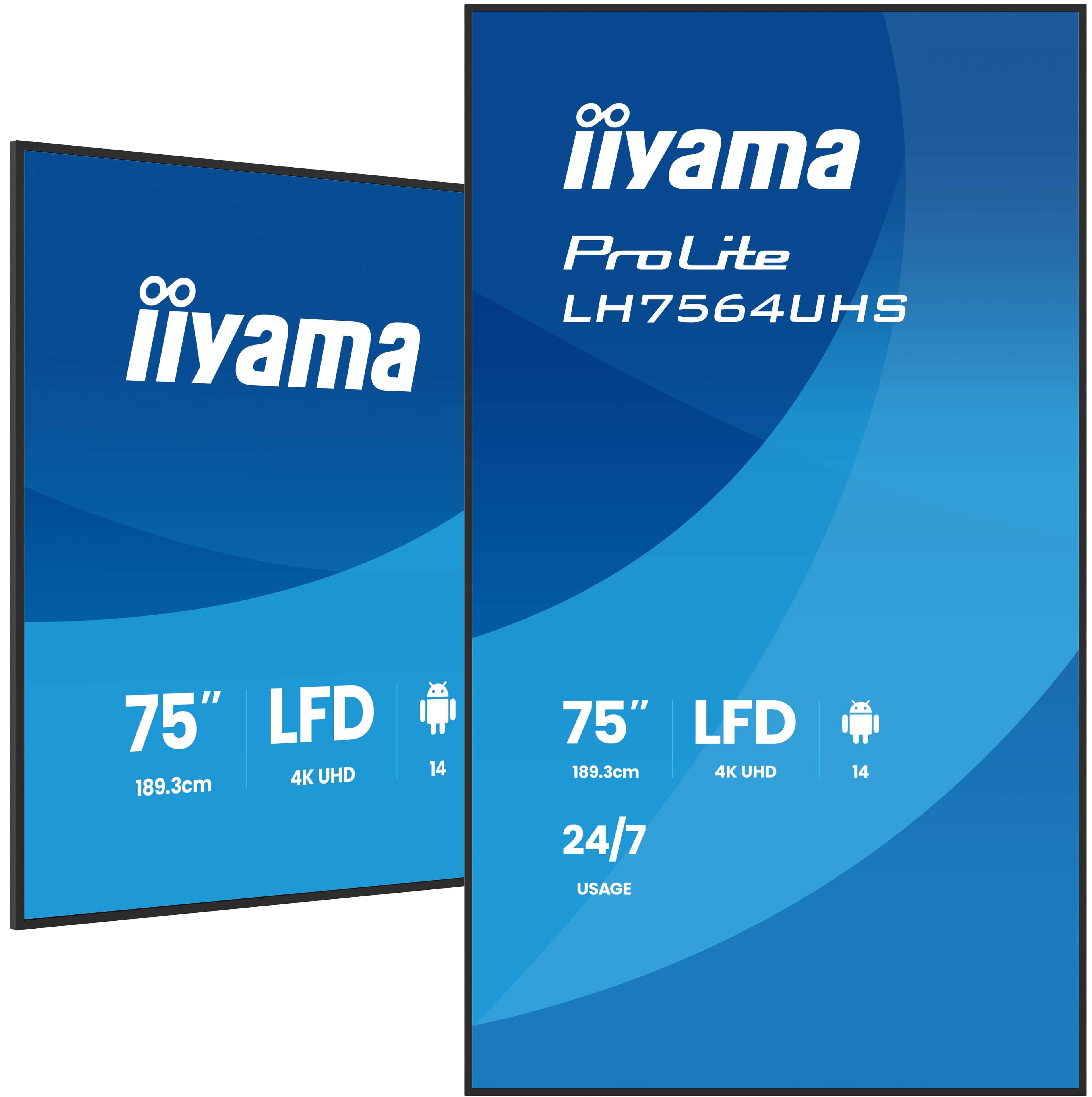 iiyama LH7564UHS-B1AG Écran d'affichage dynamique Écran plat de signalisation numérique 190,5 cm (75") Wifi 500 cd/m² 4K Ultra HD Noir Intégré dans le processeur Android 24/7