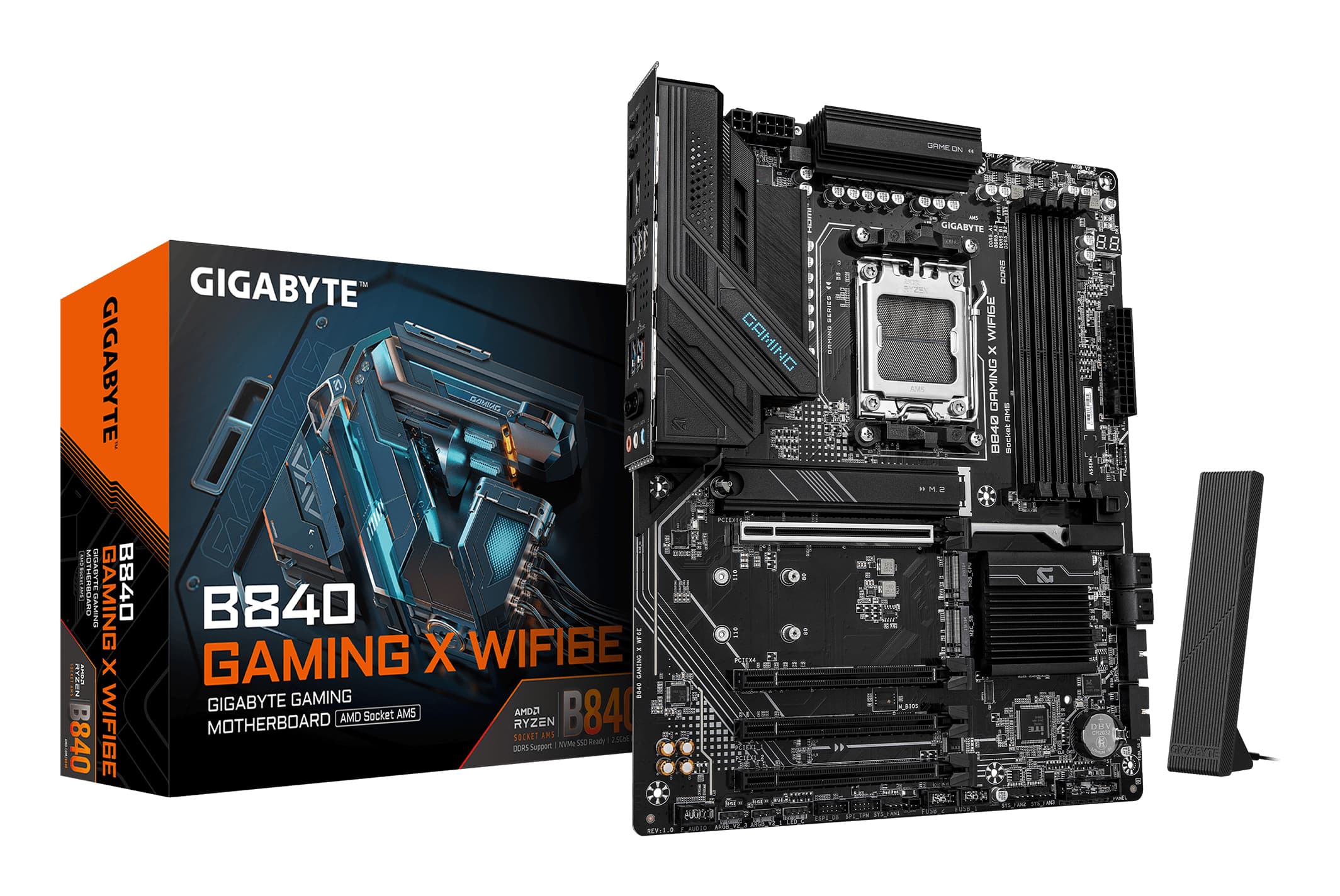 GIGABYTE B840 GAMING X WIFI6E Carte Mère - Processeurs AMD Ryzen 9000, VRM 12+2+2 phases, jusqu’à 7600MHz DDR5(O.C), 2xPCIe 4.0 + 1xPCIe 3.0 M.2, Wi-Fi 6E, LAN 2.5GbE, USB 3.2 Gen 2