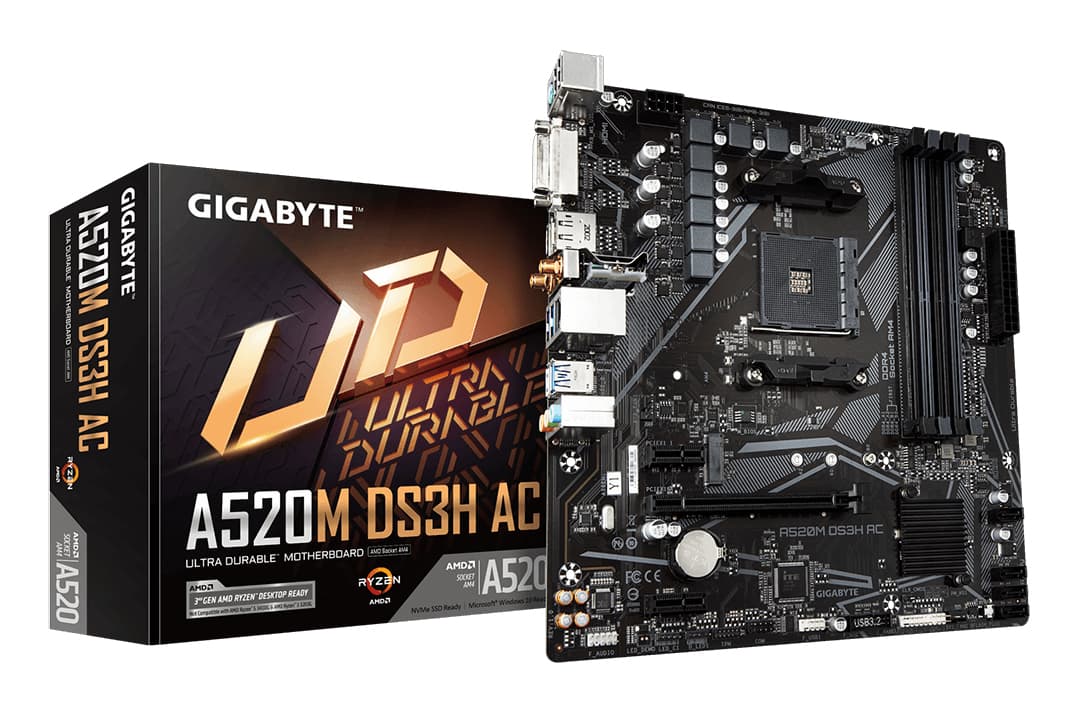 GIGABYTE A520M DS3H AC Carte Mère - Processeurs AMD Ryzen 5000 Series, VRM 5+3 phases, jusqu'à 4733 MHz DDR5 (OC), 1xPCIe 3.0 M.2, LAN GbE, WIFI 5, USB 3.2 Gen 1