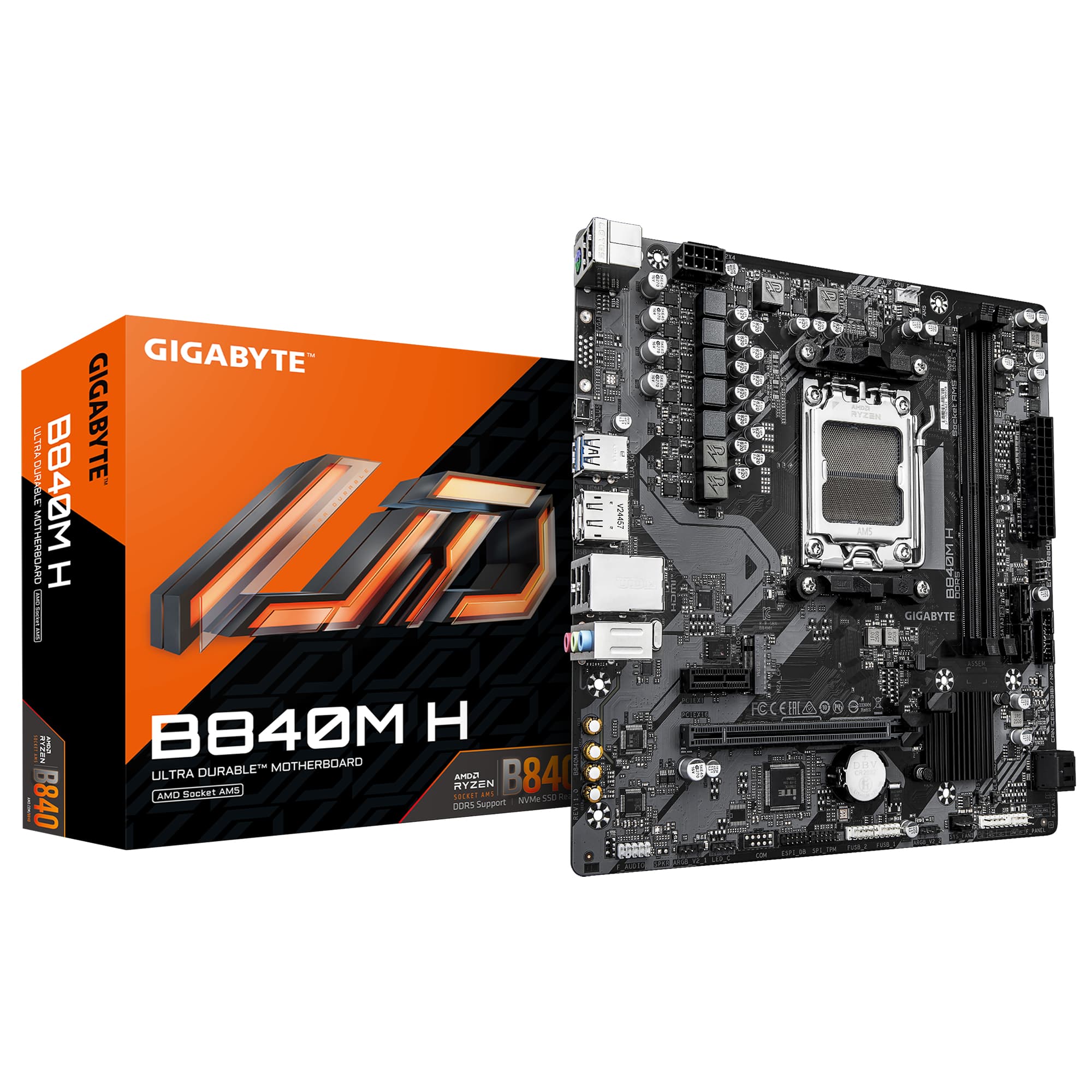GIGABYTE B840M H Carte Mère - Processeurs AMD Ryzen 9000, VRM 5+2+2 phases, jusqu’à 7200MHz DDR5 (O.C), 1xPCIe 4.0 M.2, LAN 1GbE, USB 3.2 Gen 1