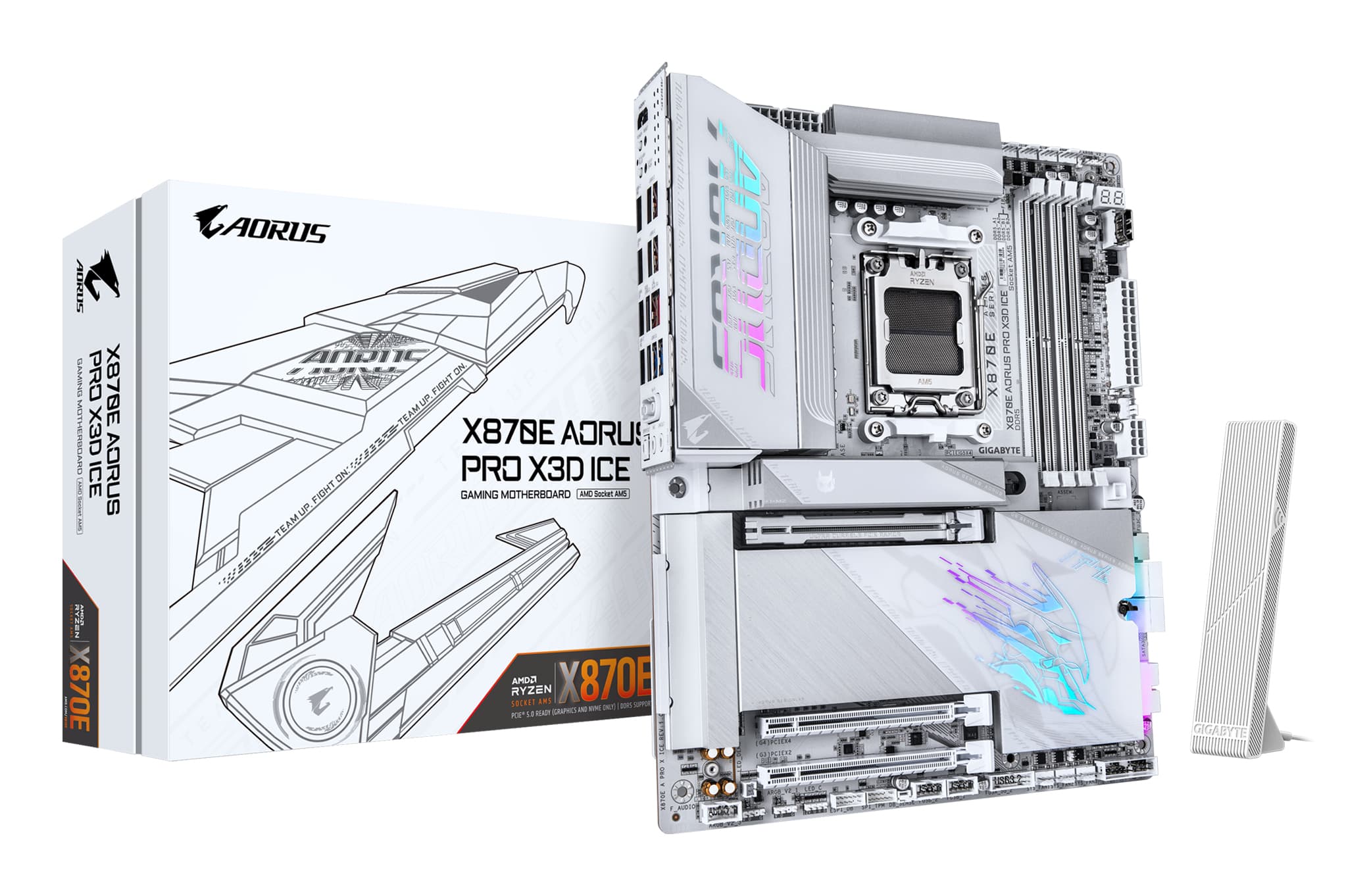 GIGABYTE X870E AORUS PRO X3D ICE Carte Mère – Prend en charge les processeurs AMD Ryzen 9000, VRM numérique 18+2+2 phases, jusqu’à 9000 Hz DDR5 (OC), 2 x PCIe 5.0 + 2 x PCIe 4.0, Wi-Fi 7, LAN 5 GbE, USB 4