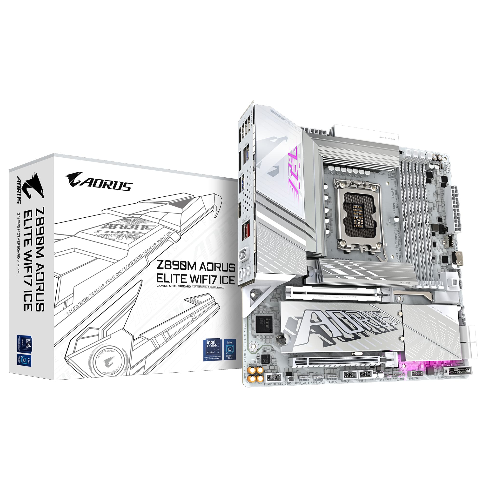 GIGABYTE Carte mère Z890M AORUS ELITE WIFI7 ICE - Prend en charge les processeurs Intel Core Ultra (Série 2), VRM à 12+1+2 phases, jusqu'à 8800MHz DDR5 (OC), 1xPCIe 5.0 + 2xPCIe 4.0, Wi-Fi 7, LAN 2.5GbE, USB 4