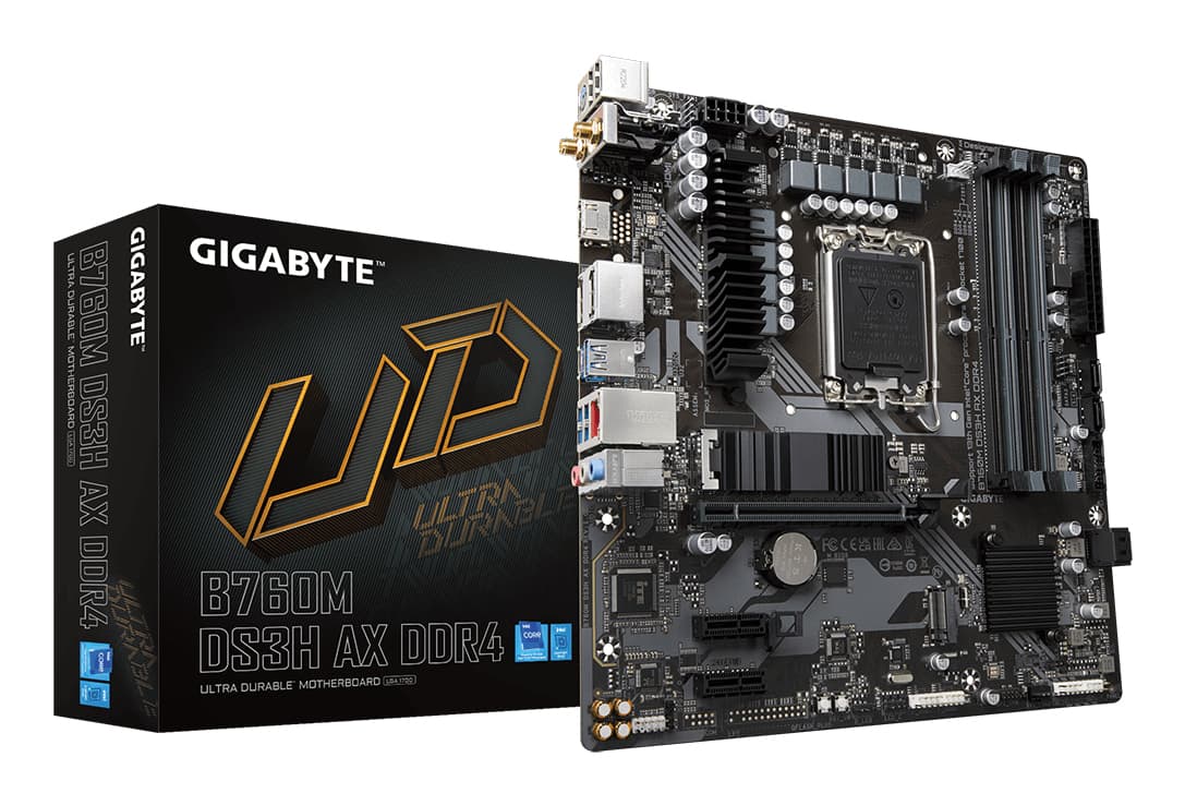 GIGABYTE B760M DS3H AX DDR4 Carte Mère - Prend en charge les processeurs Intel Core de 14e génération, VRM numérique 6+2+1 phases, jusqu'à 5333MHz DDR4 (OC), 2xPCIe 4.0 M.2, Wi-Fi 6E, LAN 2.5GbE, USB 3.2 Gen2