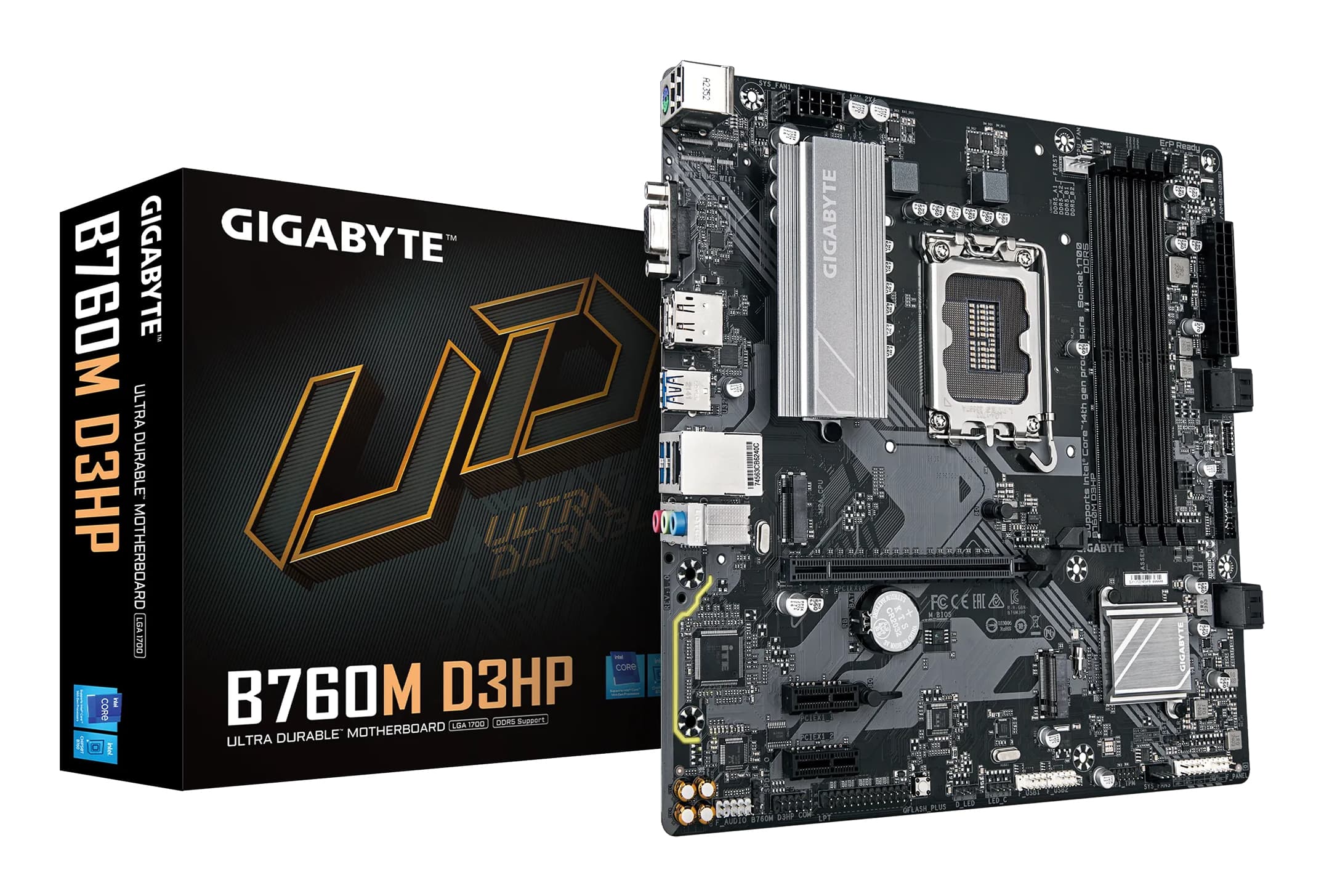 GIGABYTE B760M D3HP Carte Mère - Processeurs Intel Core 14ème Génération, VRM 4+1+1 phases, jusqu'à 5600 MHz DDR5, 2xPCIe 4.0 M.2, LAN GbE, USB 3.2 Gen 1