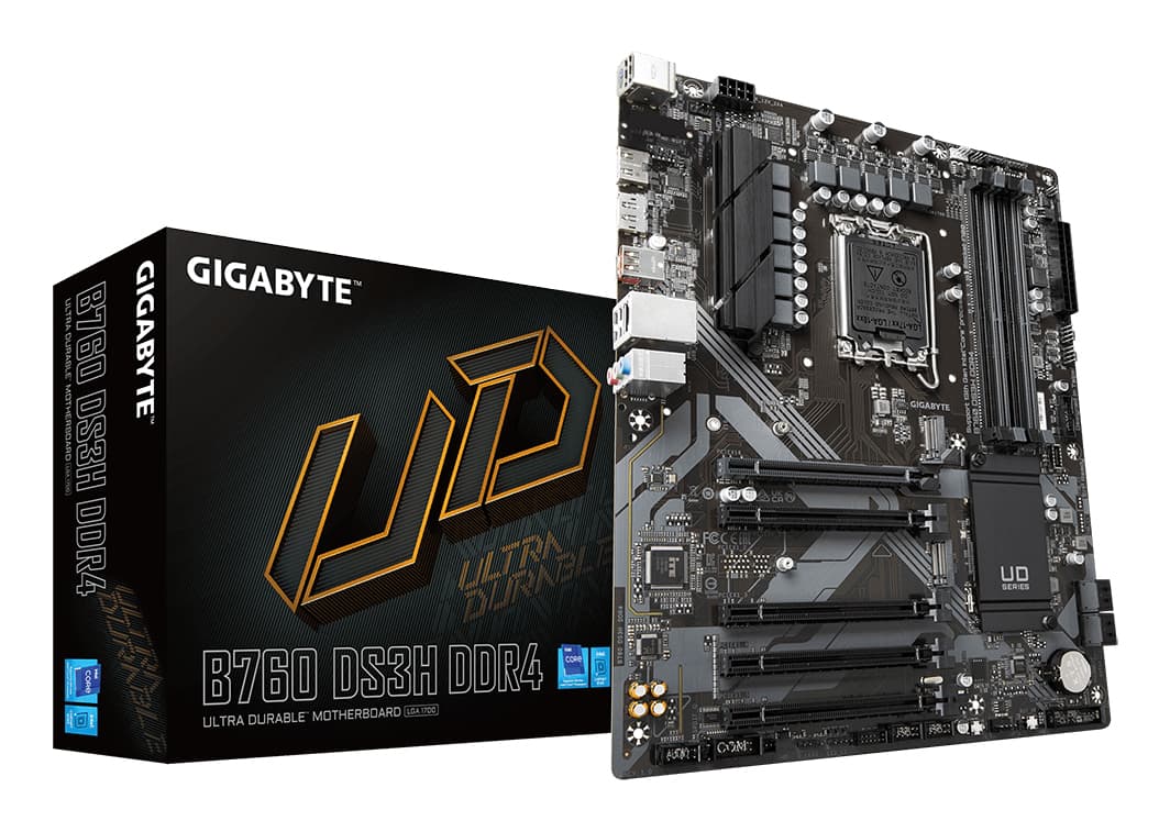 GIGABYTE B760 DS3H DDR4 Carte Mère - Prend en charge les processeurs Intel Core 14e génération, VRM numérique 18+2+1 phases, jusqu'à 5333MHz DDR4 (OC), 2xPCIe 4.0 M.2, LAN GbE, USB 3.2 Gen 2