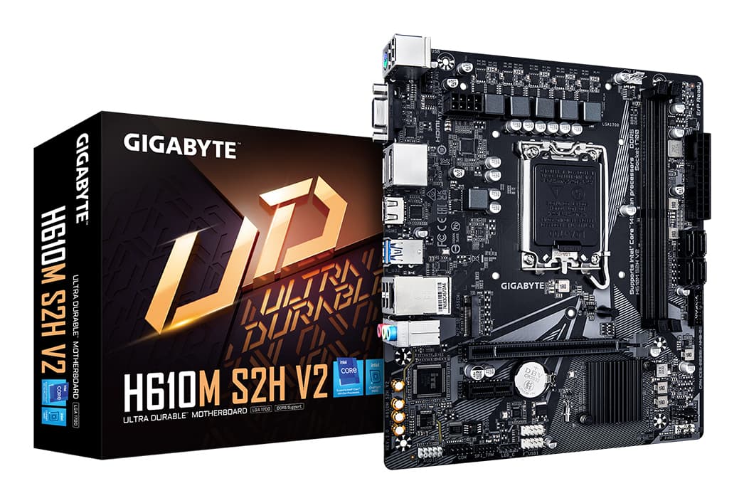 GIGABYTE H610M S2H V2 Carte mère - Prend en charge les processeurs Intel Core 14e génération, VRM numérique hybride 4+1+1 phases, jusqu'à 5600MHz DDR5, 1xPCIe 3.0 M.2, LAN GbE, USB 3.2 Gen 1