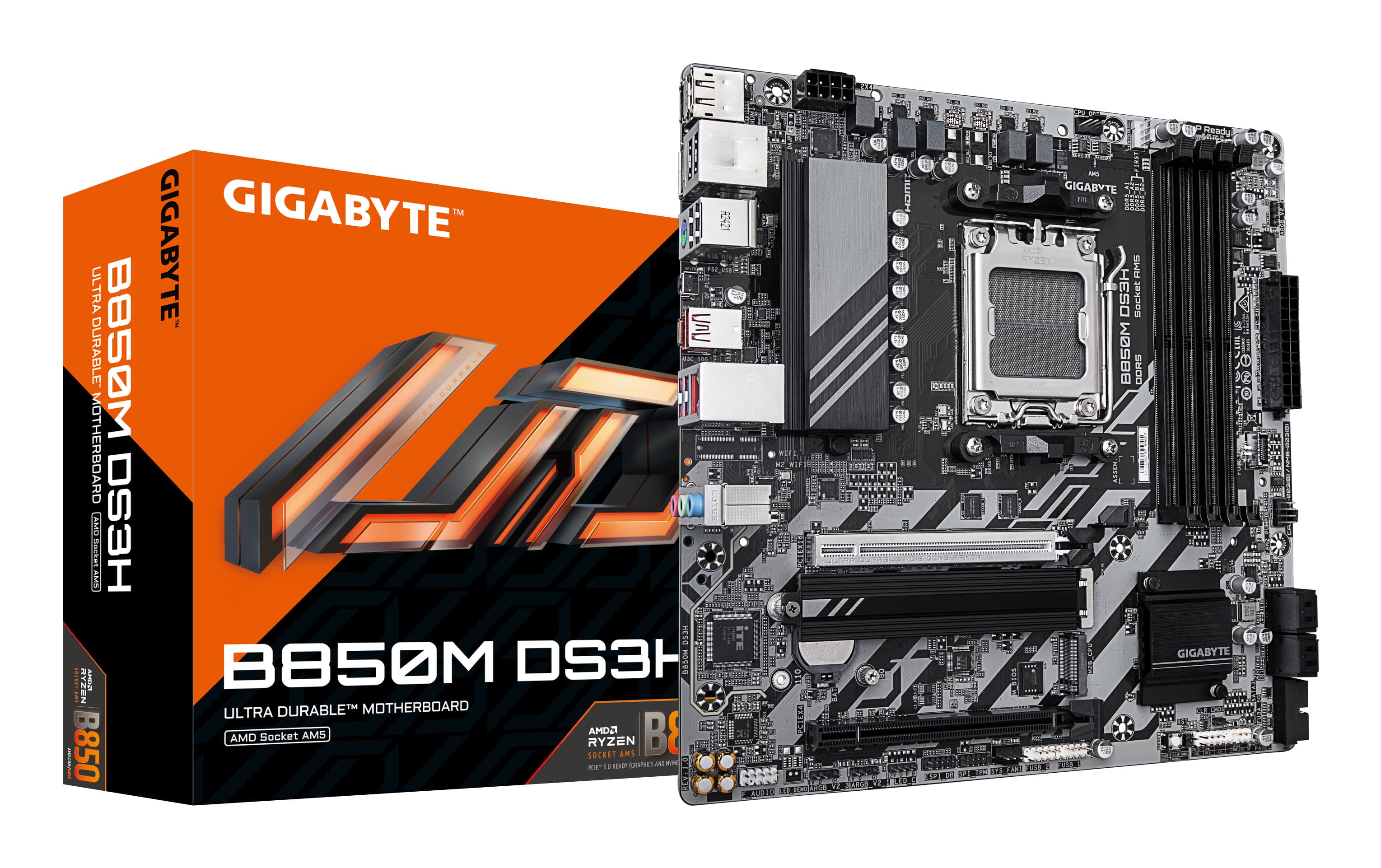 GIGABYTE B850M DS3H Carte Mère - Processeurs AMD Ryzen Série 9000, 16+2+2 phases VRM numériques, jusqu'à 8200MHz DDR5 (OC), 1xPCIe 5.0 + 1xPCIe 4.0 M.2, LAN 2.5, USB 3.2 Gen 2