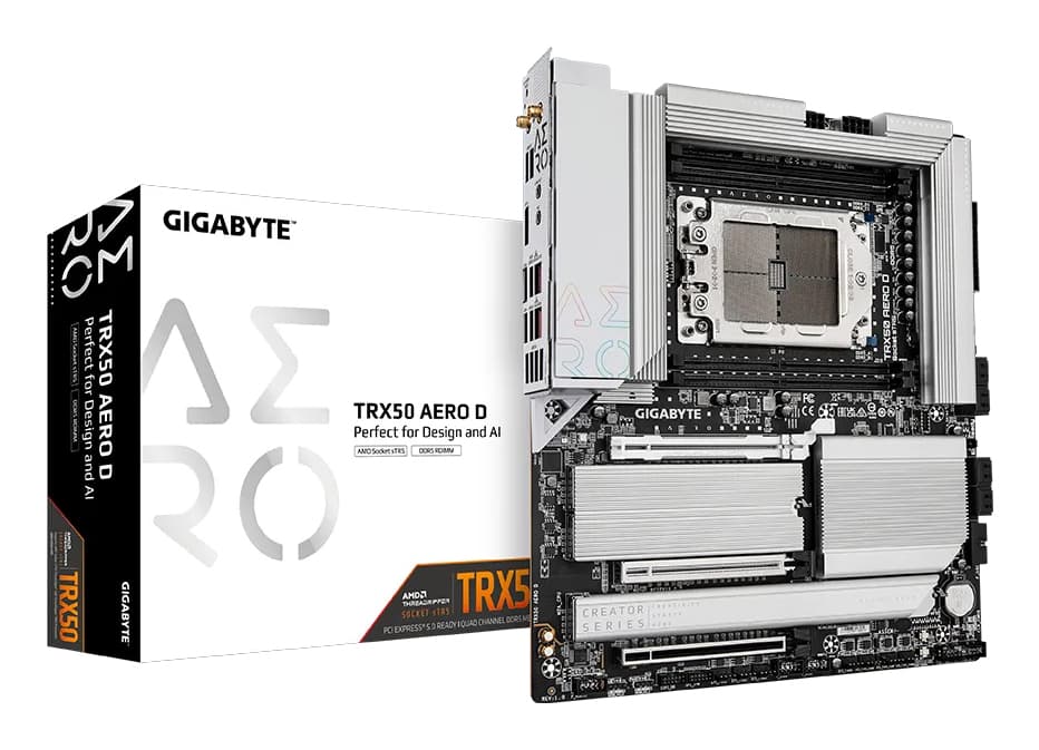 GIGABYTE TRX50 AERO D Carte mère - Compatible avec AMD Ryzen Threadripper 9000 Series CPUs, 16+8+4 Phases Digital VRM, up to 7800MHz DDR5 (OC), 3xPCIe 5.0 + 1xPCIe 4.0 M.2, Wi-Fi 7, 10GbE LAN, USB4