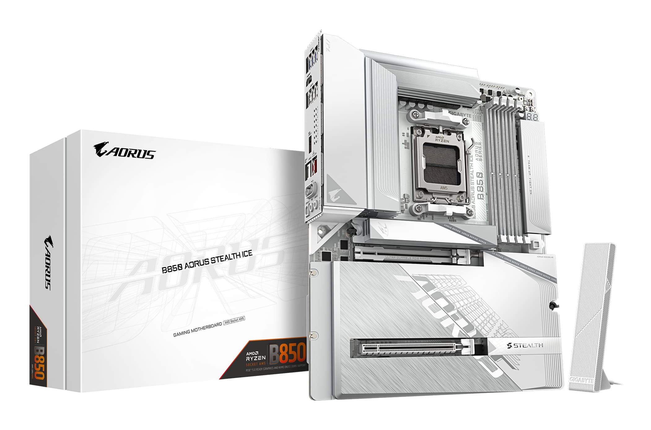 GIGABYTE B850 AORUS STEALTH ICE Carte Mère – Processeurs AMD Ryzen série 9000, VRM numérique 14+2+2 phases, jusqu’à 8200 MHz DDR5 (OC), 2 x M.2 PCIe 5.0 + 2 x PCIe 4.0, Wi-Fi 7, LAN 5 GbE, USB 3.2 Gen 2