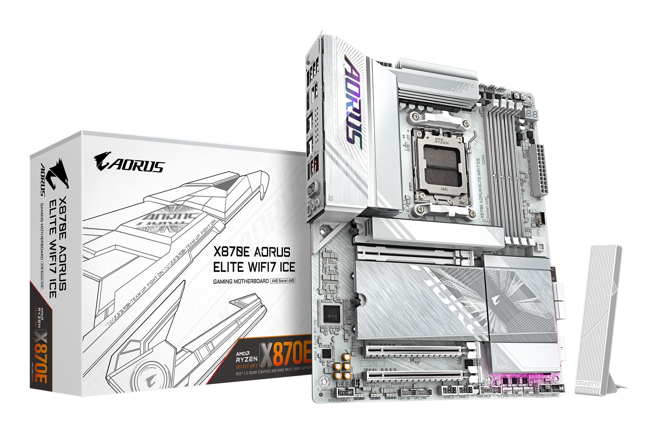 GIGABYTE X870E AORUS ELITE WIFI7 ICE Carte mère - Prend en charge les processeurs AMD Ryzen 9000, VRM numérique 16+2+2 phases, jusqu'à 8200 MHz DDR5 (O.C.), 3x PCIe 5.0 + 1x PCIe 4.0, Wi-Fi 7, LAN 2.5 GbE, USB 4