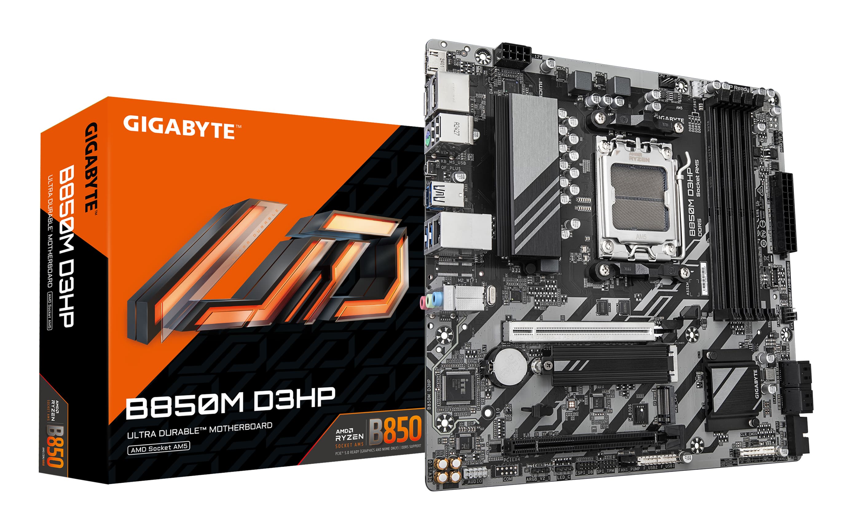 GIGABYTE B850M D3HP Carte Mère - Processeurs AMD Ryzen Série 9000, 5+2+2 phases VRM numériques, jusqu'à 8200MHz DDR5 (OC), 1xPCIe 5.0 + 1xPCIe 4.0 M.2, LAN GbE, USB 3.2 Gen 2