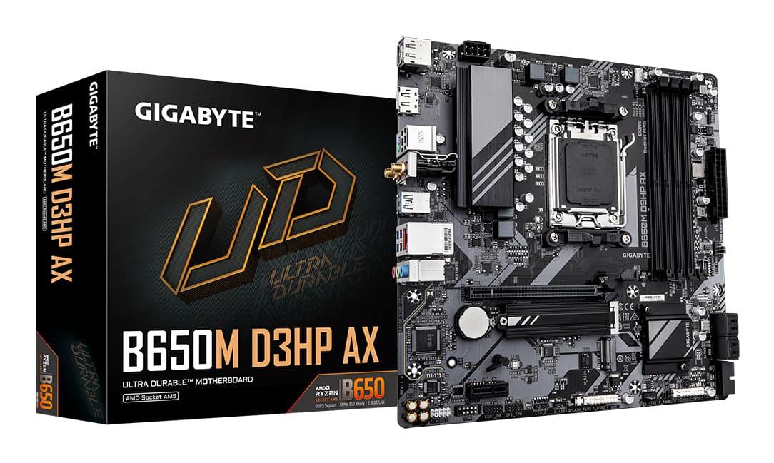 GIGABYTE B650M D3HP AX Carte mère - AMD Ryzen série 9000, VRM 5+2+2 phases, jusqu'à 8000 MHz DDR5 (OC), 2xPCIe 4.0 M.2, WIFI 6E, LAN 2,5 GbE, USB 3.2 Gen 1