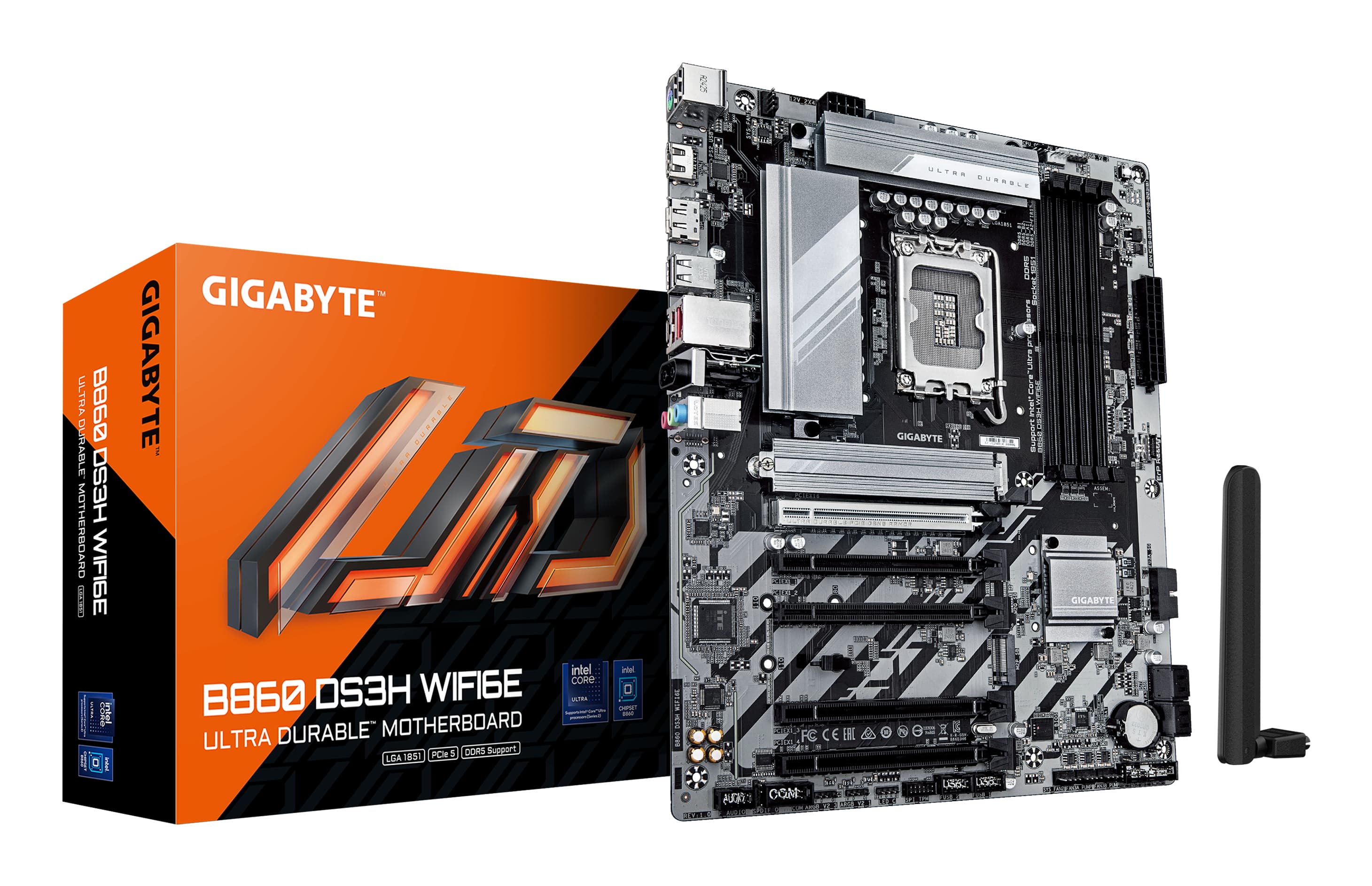 GIGABYTE B860 DS3H WIFI6E Carte mère - Processeurs Intel Core Ultra, VRM 8+1+2+2 phases, jusqu'à 9066MHz DDR5, 1xPCIe 5.0 + 1xPCIe 4.0 M.2, LAN 2,5 GbE, WIFI 6E, USB 3.2 Gen 2x2