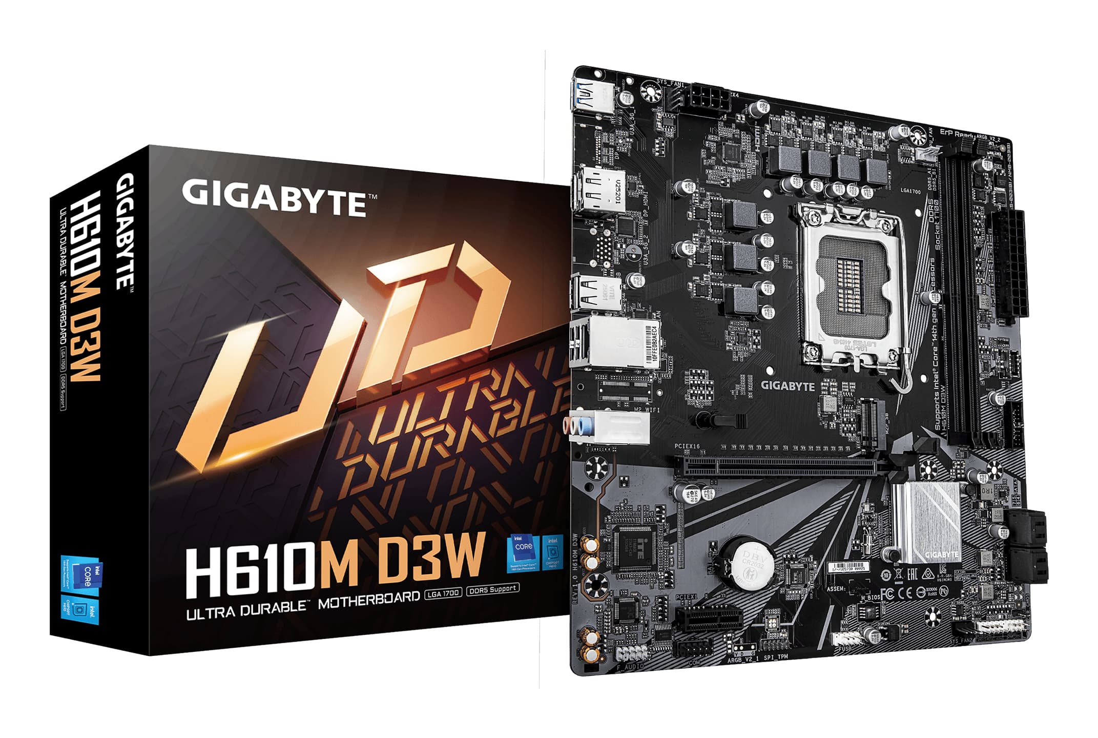 GIGABYTE H610M D3W Carte Mère - Prend en charge les processeurs Intel Core 14e génération, VRM 5+1+1 phases, jusqu’à 5600MHz DDR5, 1xPCIe 3.0 M.2, LAN 1GbE, USB 3.2 Gen 1