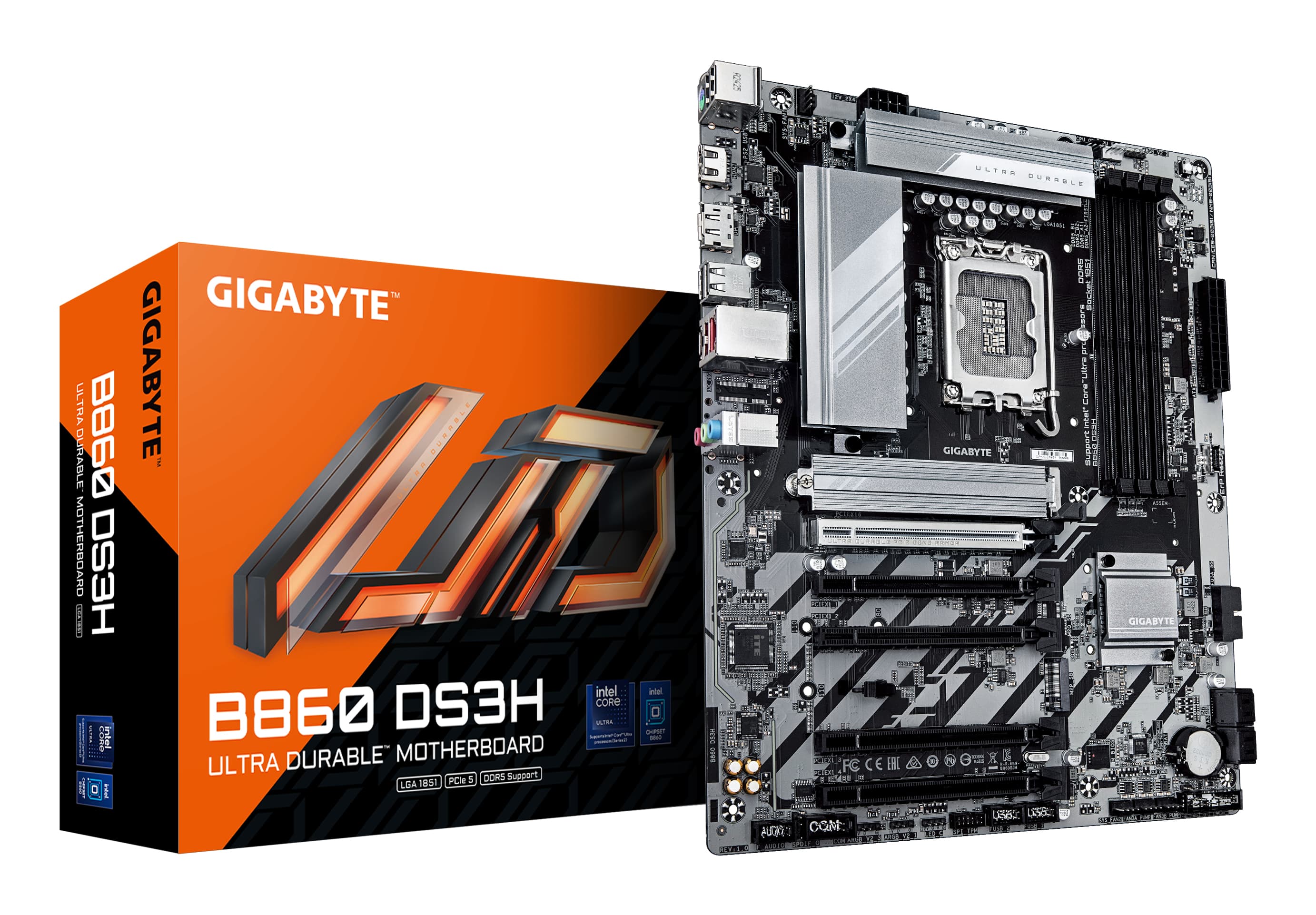 GIGABYTE B860 DS3H Carte mère - Processeurs Intel Core Ultra, VRM 8+1+2+2 phases, jusqu'à 9066MHz DDR5, 1xPCIe 5.0 + 1xPCIe 4.0 M.2, LAN 2,5 GbE, USB 3.2 Gen 2x2