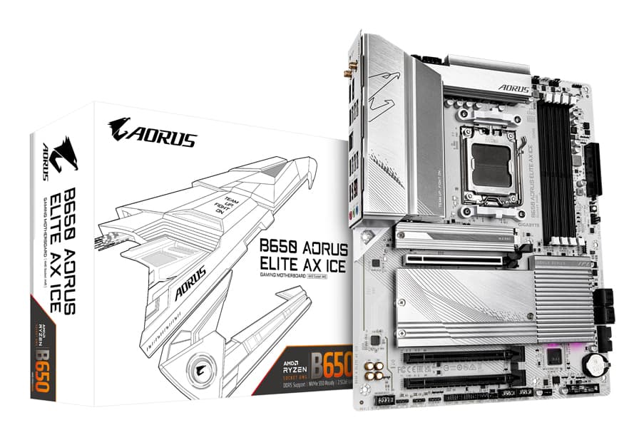 GIGABYTE B650 AORUS ELITE AX ICE Carte mère - Compatible avec les processeurs AMD Ryzen 9000, VRM numérique 12+2+2 phases, jusqu'à 8000 MHz DDR5 (OC), 1xPCIe 5.0 + 2xPCIe 4.0 M.2, Wi-Fi 6E, LAN 2.5GbE, USB 3.2 Gen 2x2