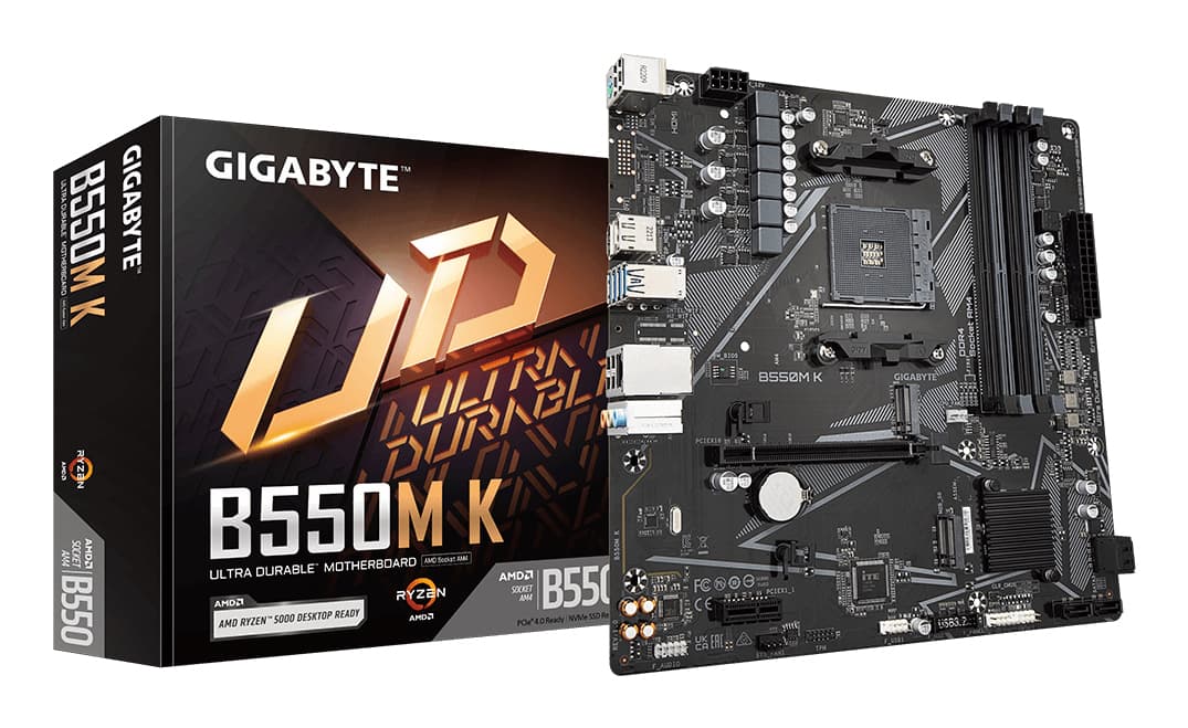 GIGABYTE B550M K Carte mère - Processeurs AMD Ryzen 5000, jusqu'à 4733 MHz DDR4, 1xPCIe 4.0 + 1xPCIe 3.0 M.2, LAN 1GbE, USB 3.2 Gen 1