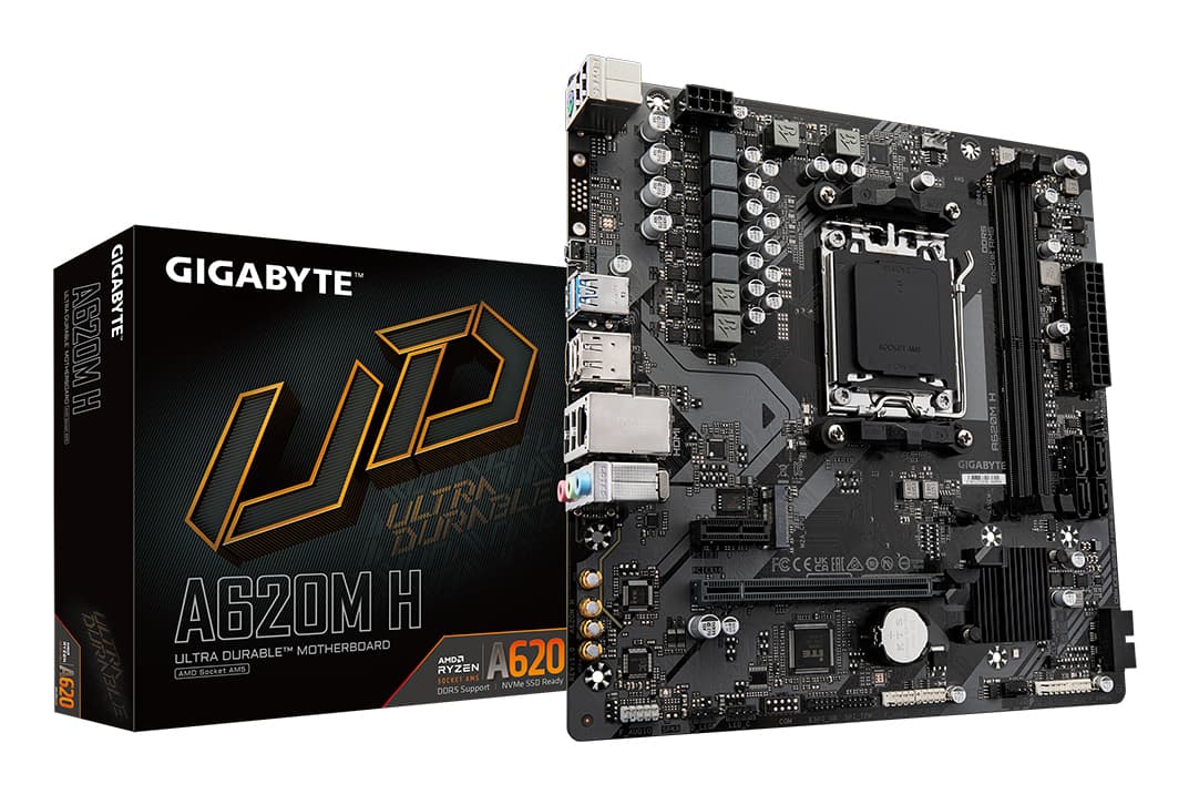 GIGABYTE A620M H Carte Mère - Prend en charge les processeurs AMD Ryzen 8000, VRM numérique 5+2+2 phases, jusqu'à 7200MHz DDR5 (OC), 1xPCIe 4.0 M.2, LAN GbE, USB 3.2 Gen 1