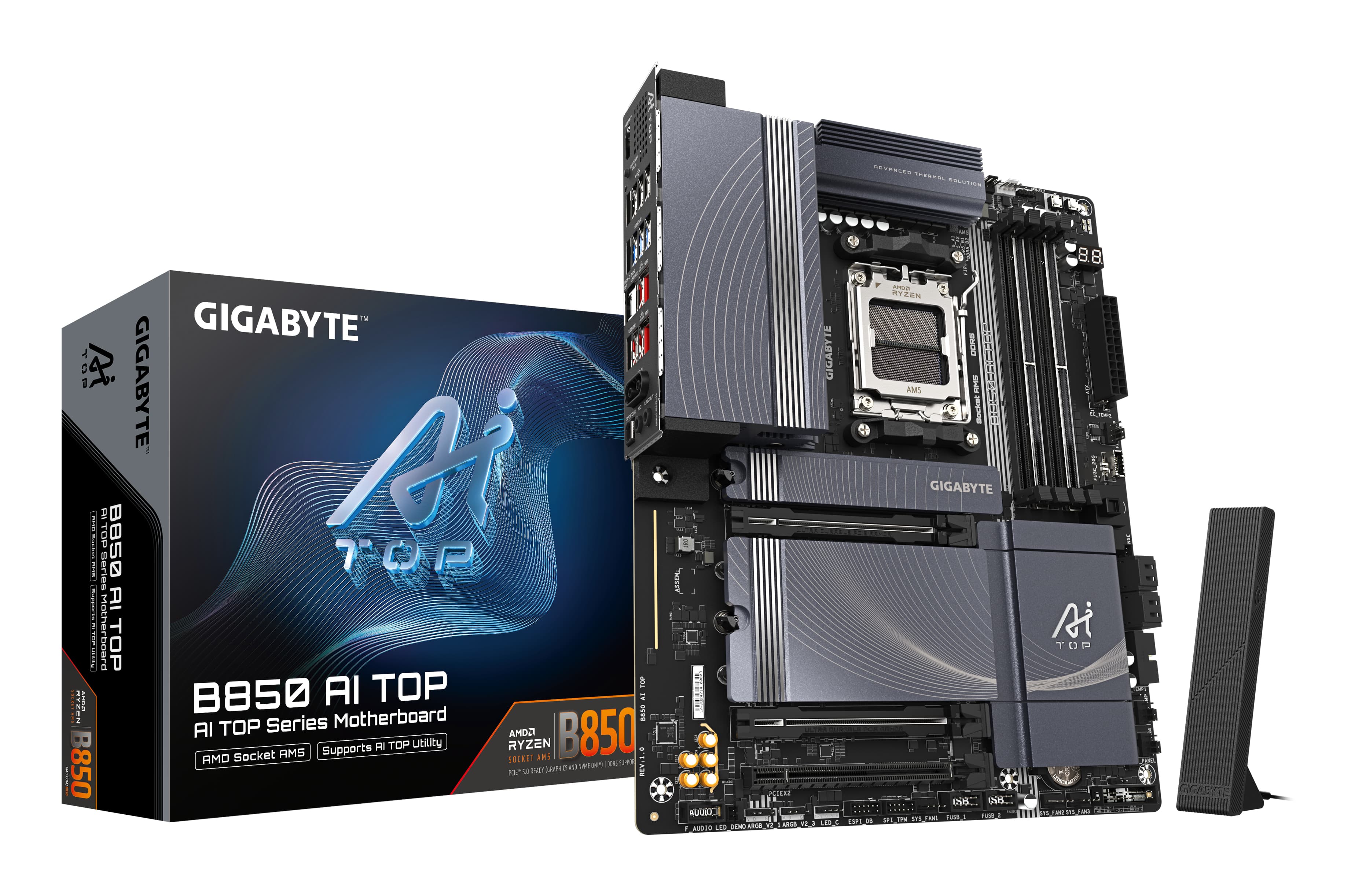 GIGABYTE B850 AI TOP Carte Mère - Processeurs AMD Ryzen Série 9000, 16+2+2 phases VRM numériques, jusqu'à 8600MHz DDR5 (OC), 2xPCIe 5.0 + 1xPCIe 4.0 M.2, LAN 10GbE, WIFI 7, USB 3.2 Gen 2x2