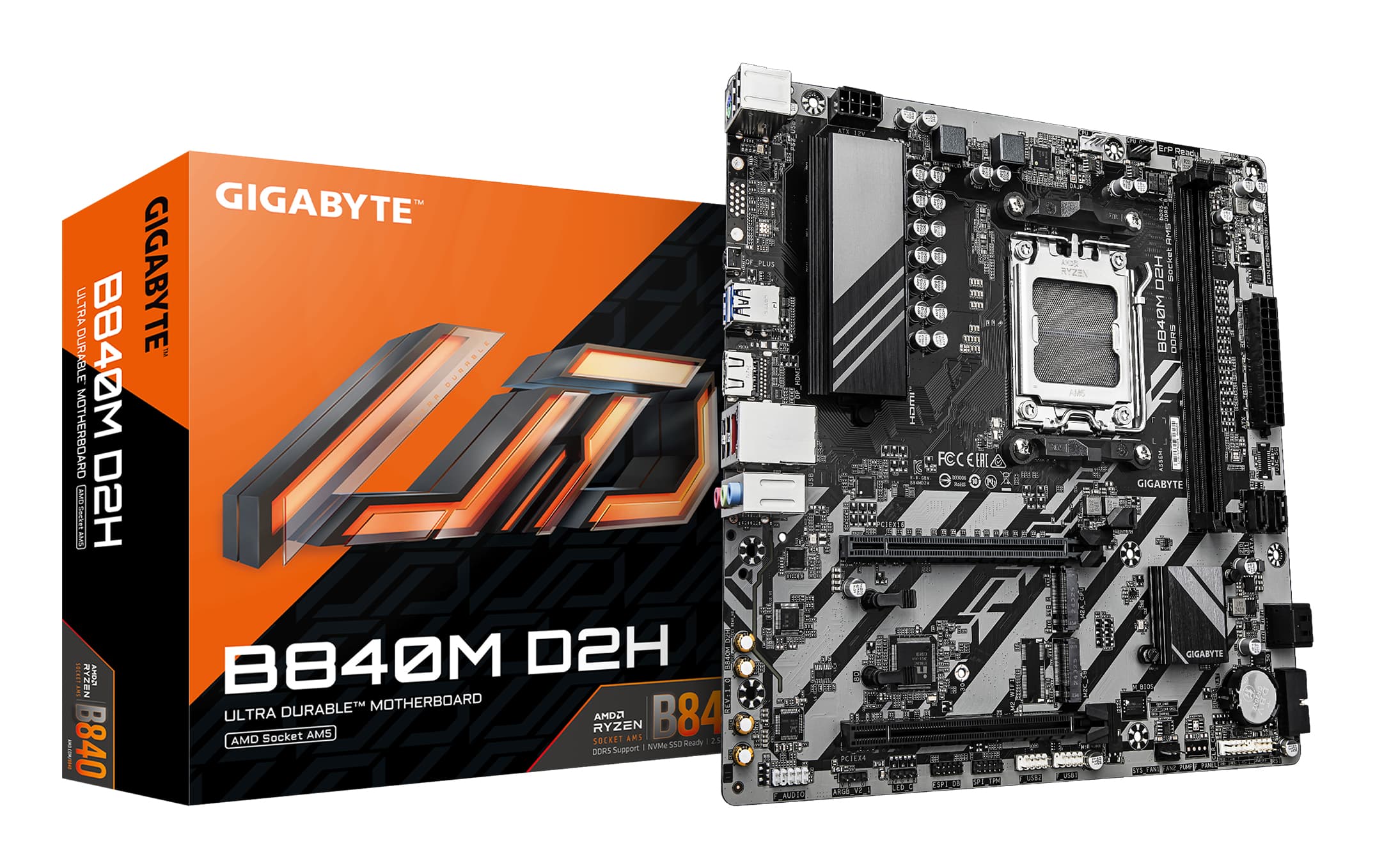 GIGABYTE B840M D2H Carte mère - Processeurs AMD Ryzen 9000, VRM 5+2+2 phases, jusqu'à 7600 MHz DDR5, 1xPCIe 4.0 + 1xPCIe 3.0 M.2, LAN 2.5GbE, USB 3.2 Gen 1