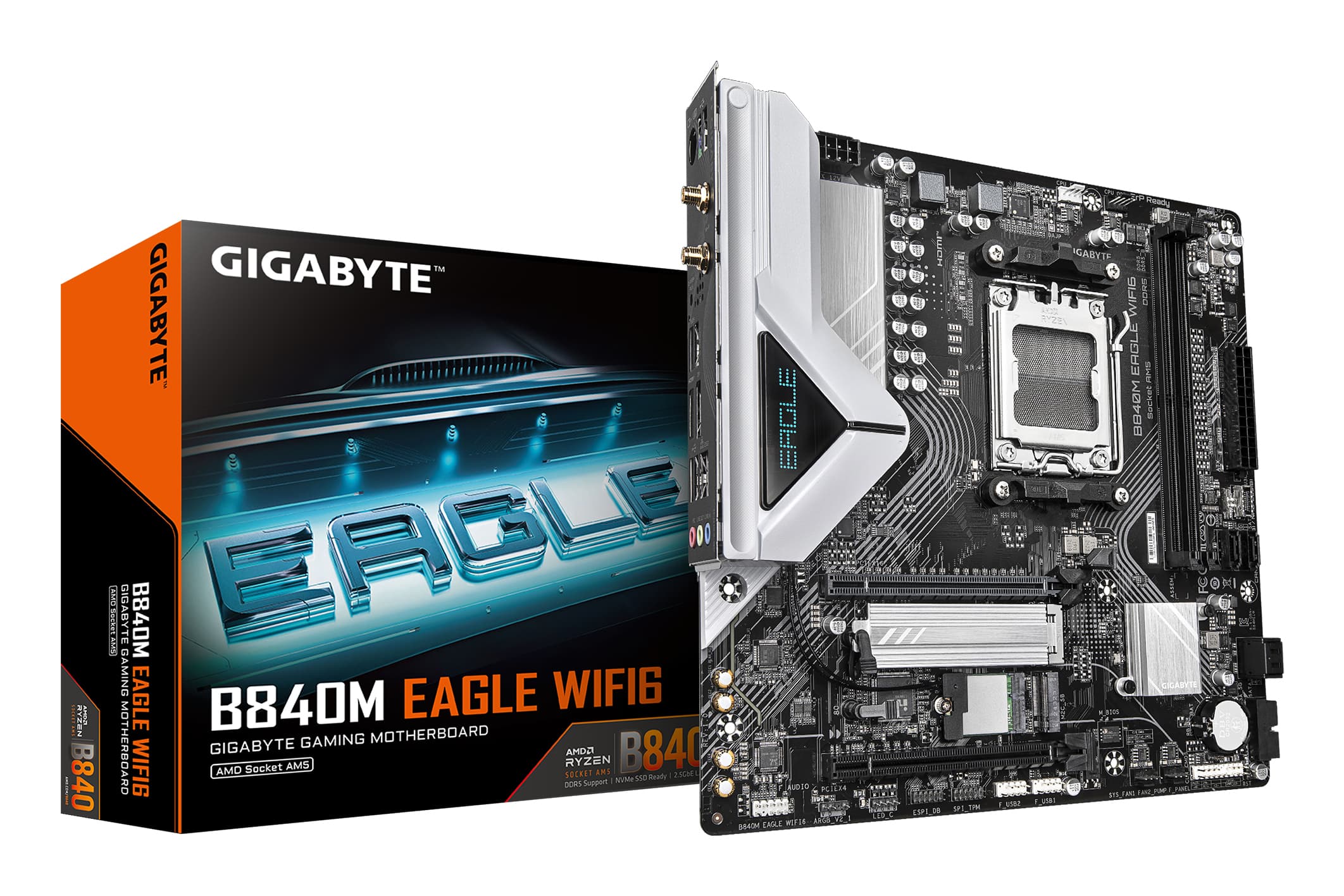 GIGABYTE B840M EAGLE WIFI6 Carte Mère – Processeurs AMD Ryzen 9000, 5+2+2 phases VRM, jusqu’à 7600 MHz DDR5 (O.C.), 1 x M.2 PCIe 4.0 + 1 x M.2 PCIe 3.0, Wi-Fi 6, LAN 2.5 GbE, USB 3.2 Gen 1