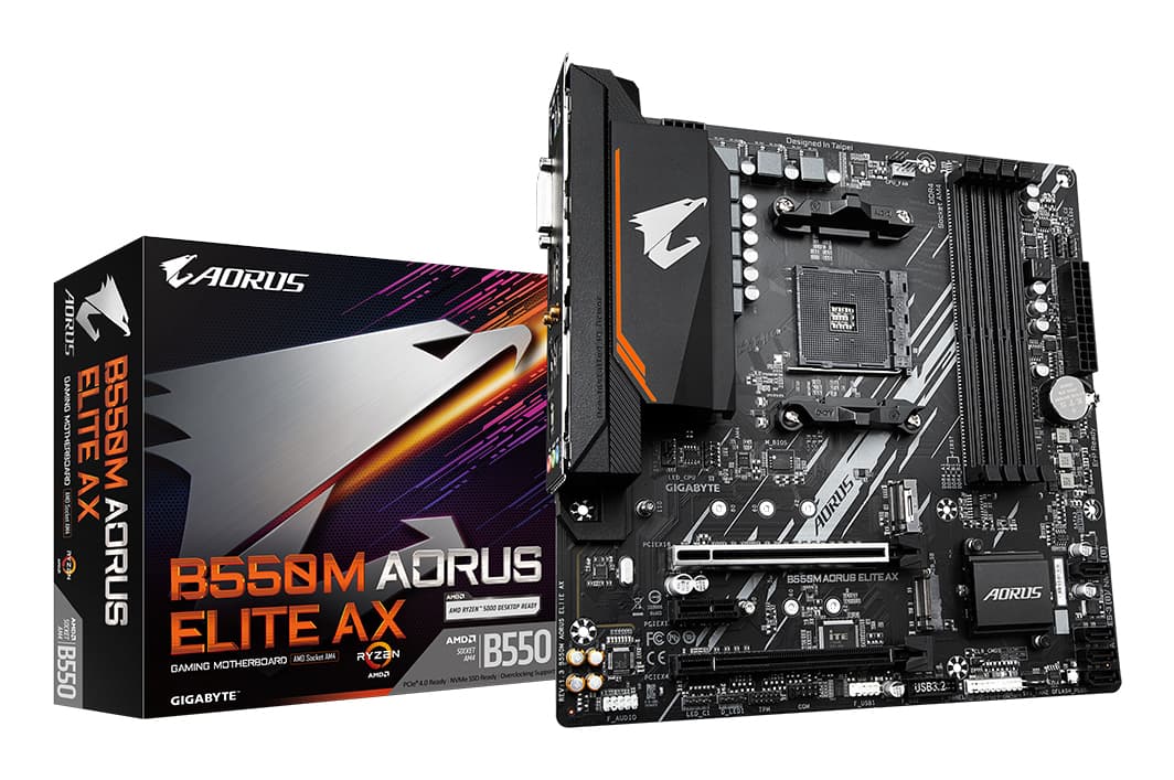 GIGABYTE B550M AORUS ELITE AX Carte mère - Processeurs AMD Ryzen 5000, VRM 5+3 phases, jusqu'à 4733 MHz DDR4, 1xPCIe 4.0 + 1xPCIe 3.0 M.2, Wi-Fi 6E, LAN 1GbE, USB 3.2 Gen 1