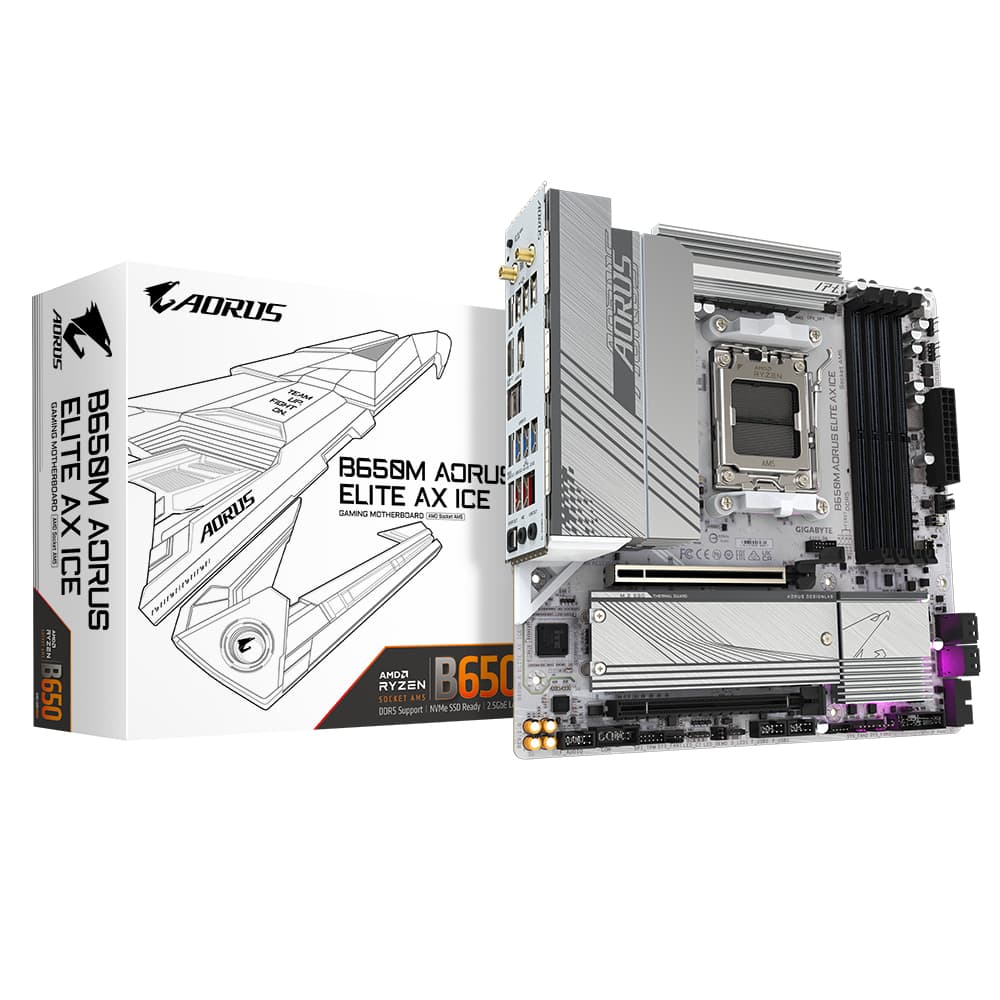 GIGABYTE B650M AORUS ELITE AX ICE Carte mère - AMD Ryzen série 9000, VRM 12+2+2 phases, jusqu'à 8000 MHz DDR5 (OC), 1xPCIe 5.0 + 1xPCIe 4.0 M.2, LAN 2,5 GbE, WIFI 6E, USB 3.2 Gen 2x2