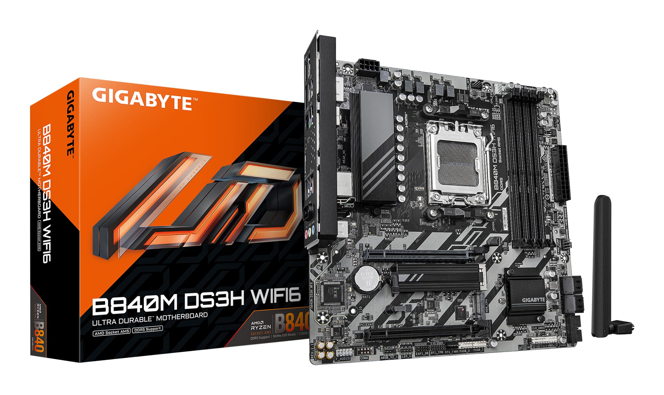 GIGABYTE B840M DS3H WIFI6 Carte Mère – Processeurs AMD Ryzen 9000, VRM numérique 8+2+2 phases, jusqu'à 8200 MHz DDR5, 2 x M.2 PCIe 4.0, Wi-Fi 6, LAN 2,5 GbE, USB 3.2 Gen 1